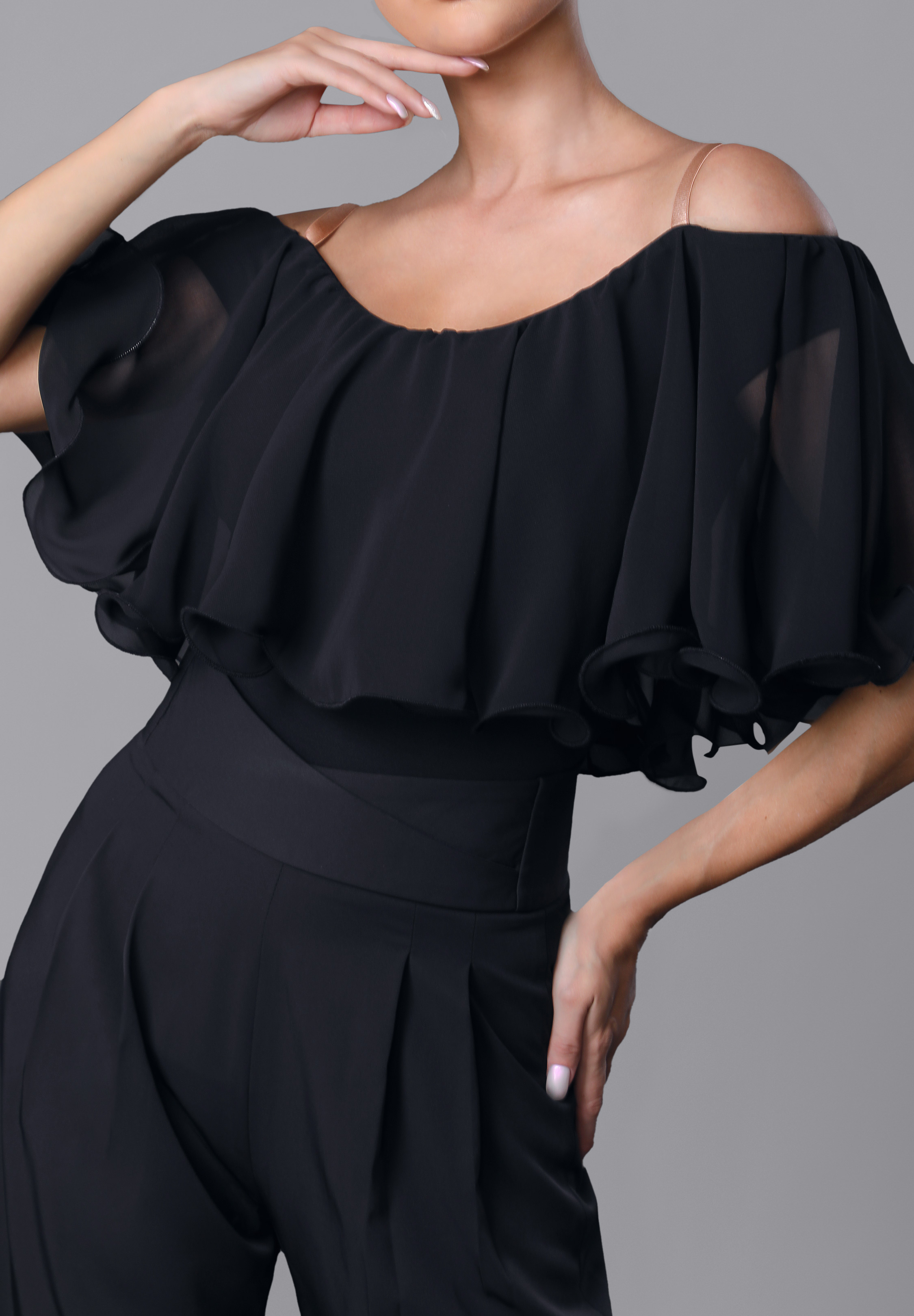 TID Flowy Ruffled Ballroom Bodysuit M084-Black