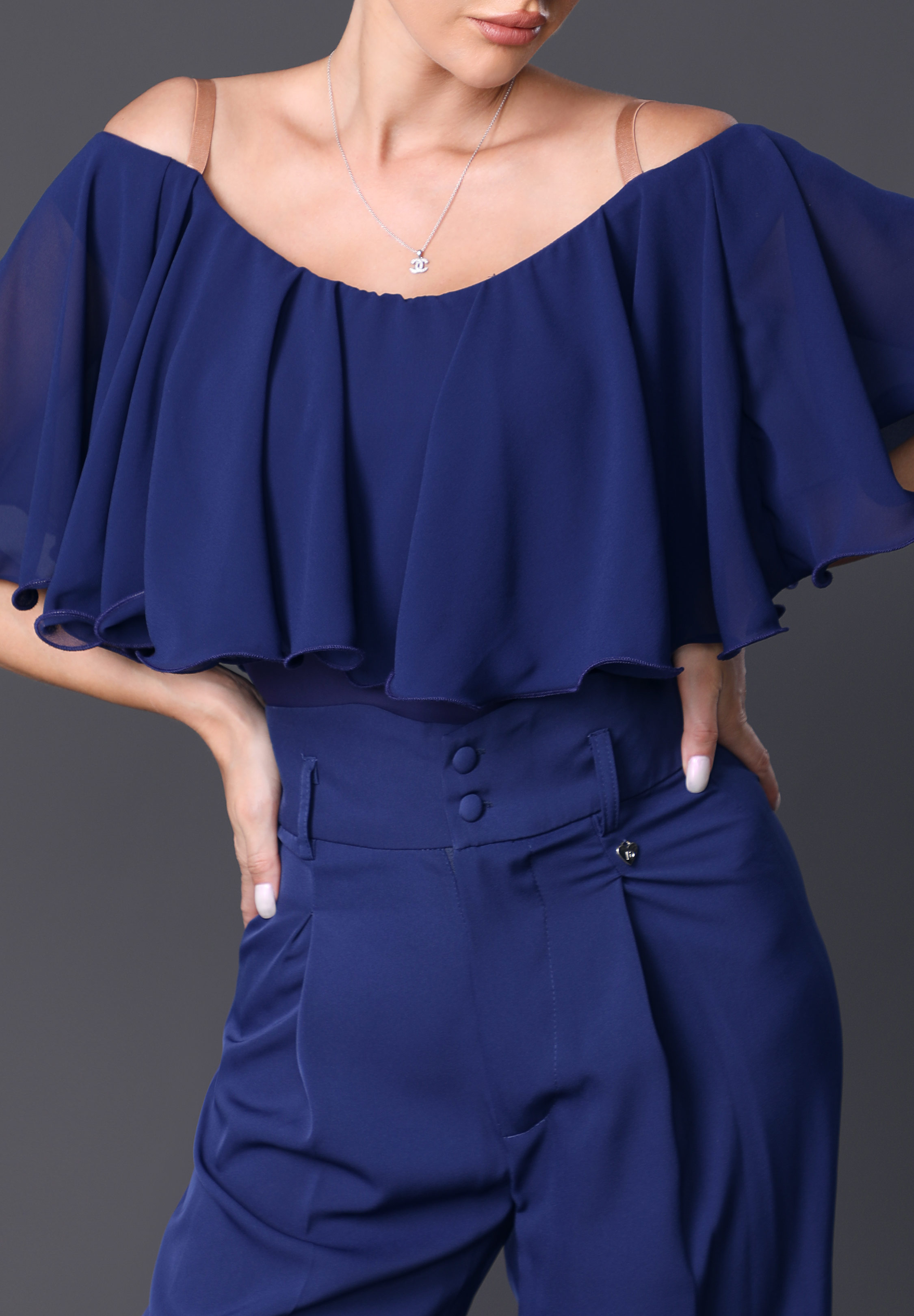 TID Flowy Ruffled Ballroom Bodysuit M084-Navy