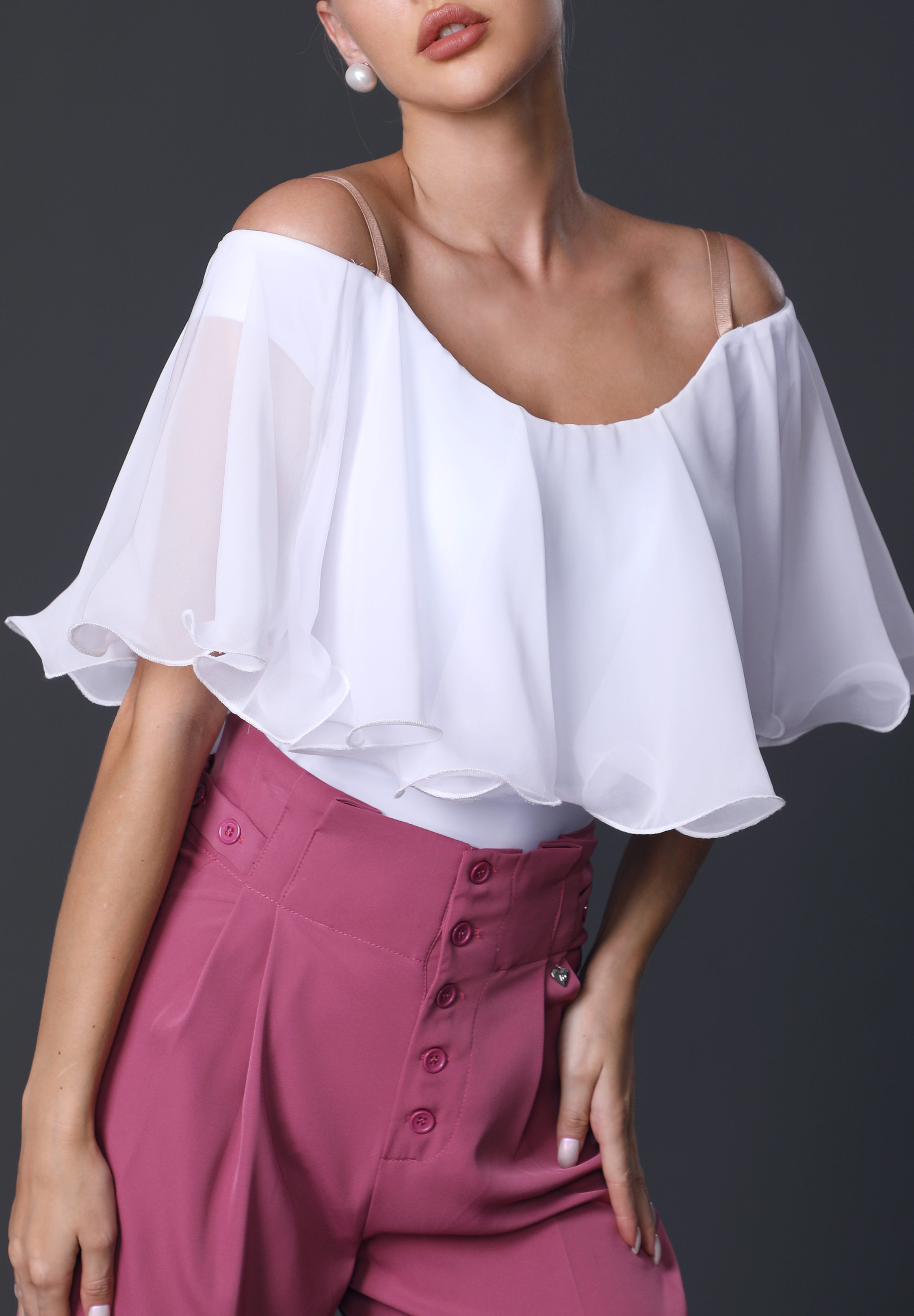 TID Flowy Ruffled Ballroom Bodysuit M084-White