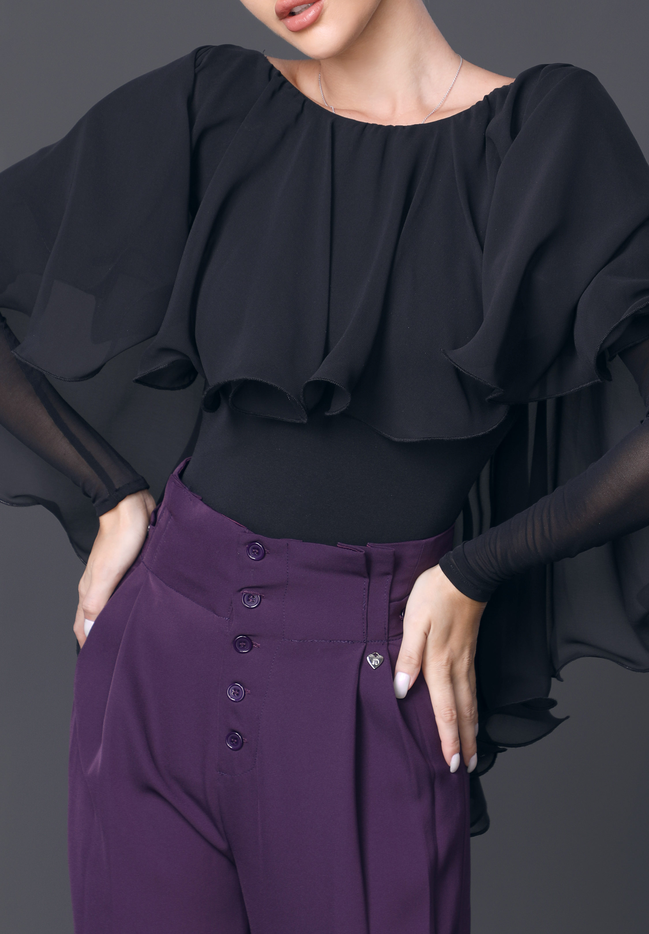 TID Ladies Chiffon Frill Bodysuit M088-Black