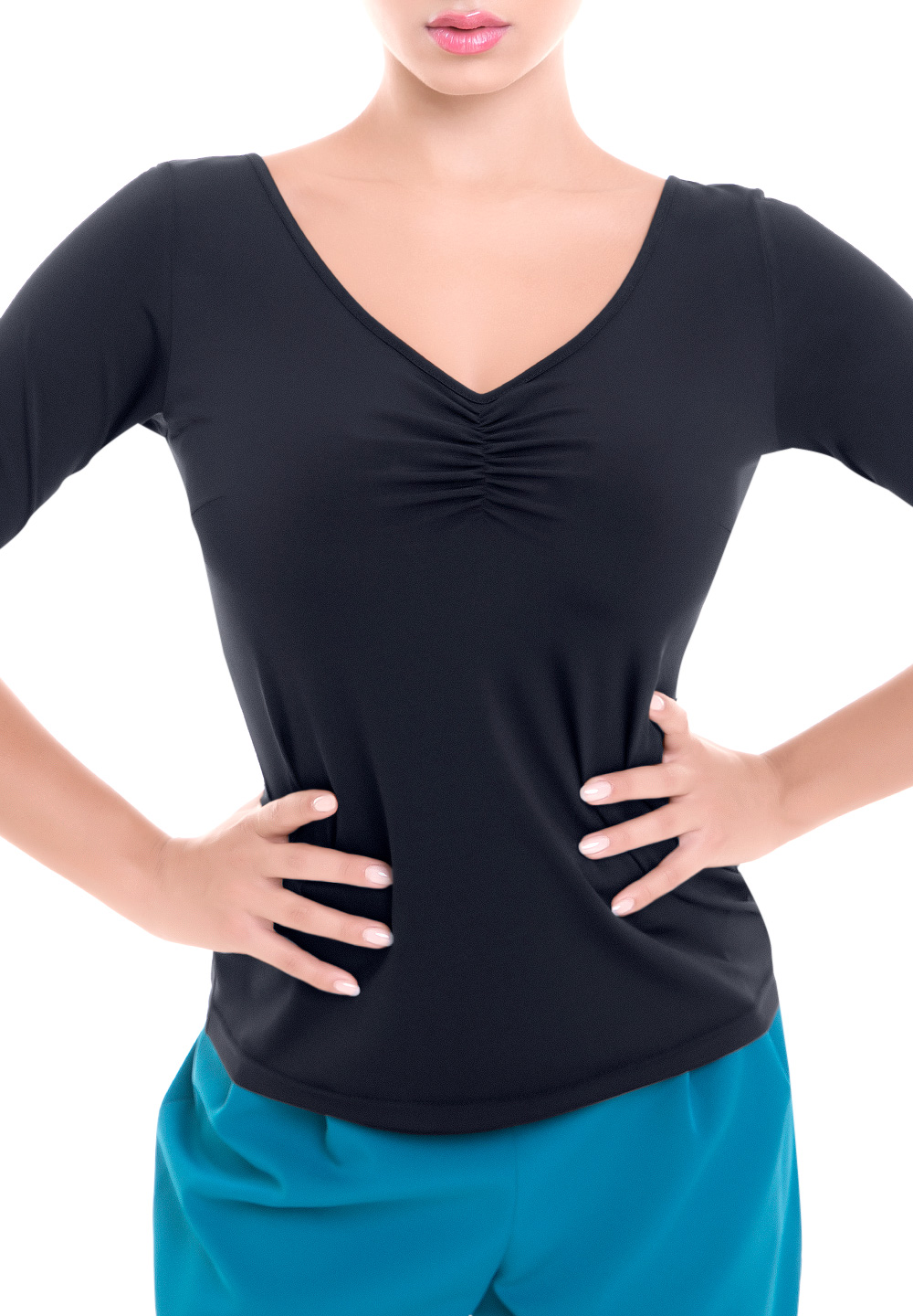 PopconAtelier Ruched Lace Trim Ballroom Top WMT148-Black