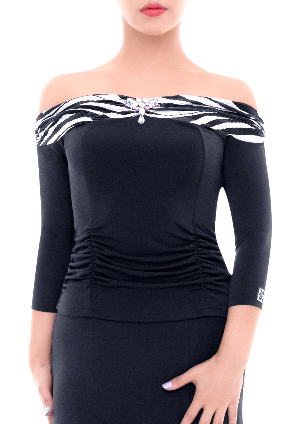 PopconAtelier Stripe Ruched Neck Ballroom Top WMT504-Black