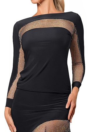 Dance America T2450 - Crystal AB Rhinestone Mesh Stripe Top-Black with AB Rhinestone Mesh