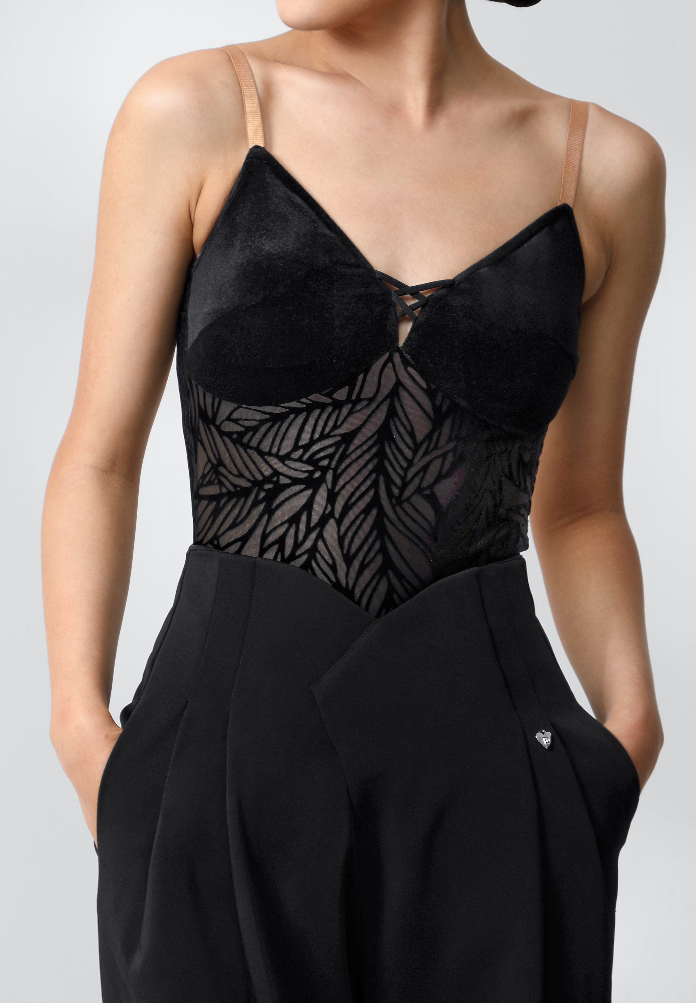 TID Lace-Up Velvet Burnout Bodysuit B006-Black Velvet
