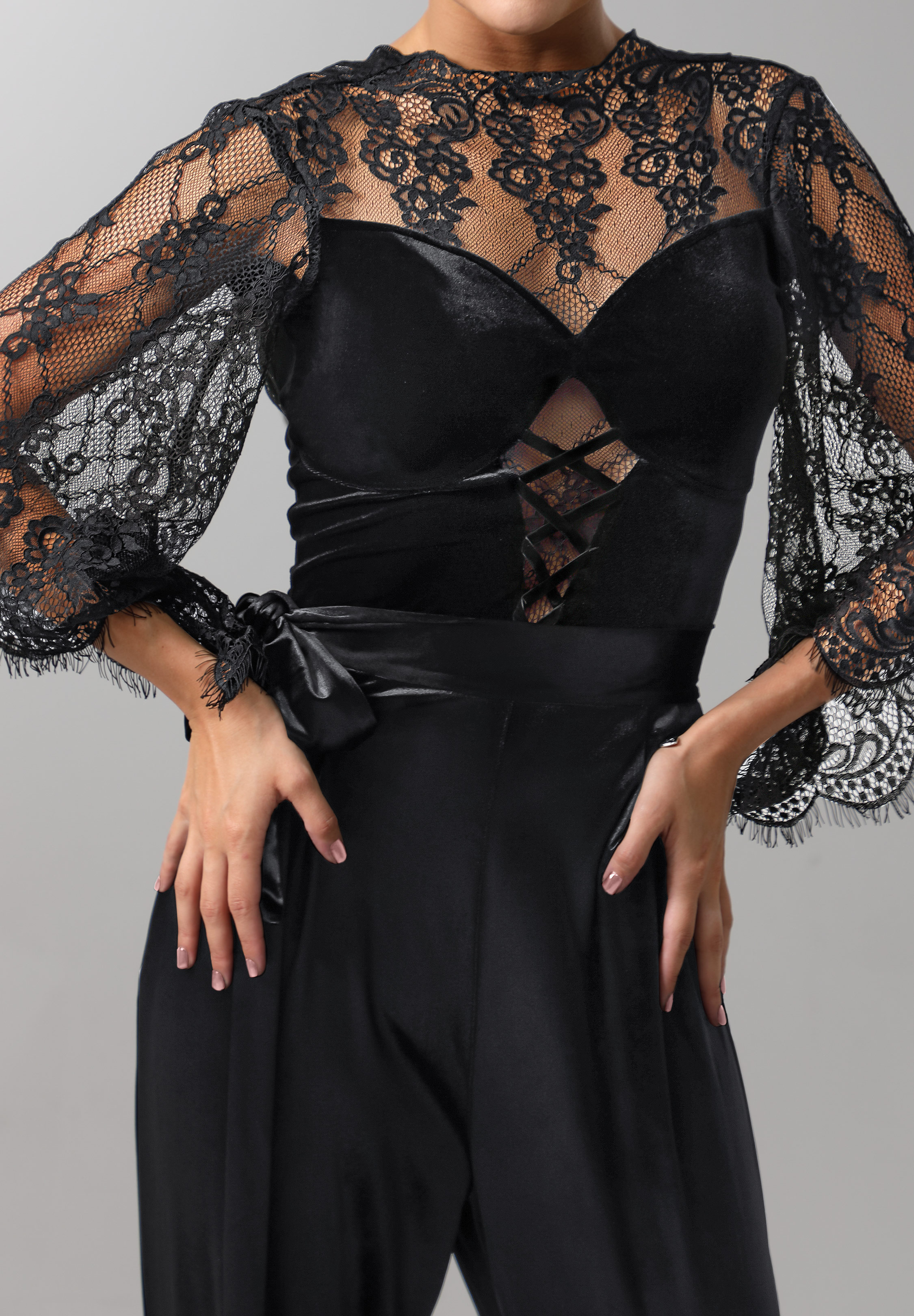 TID Lace Bell Sleeve Dance Bodysuit M394-Black