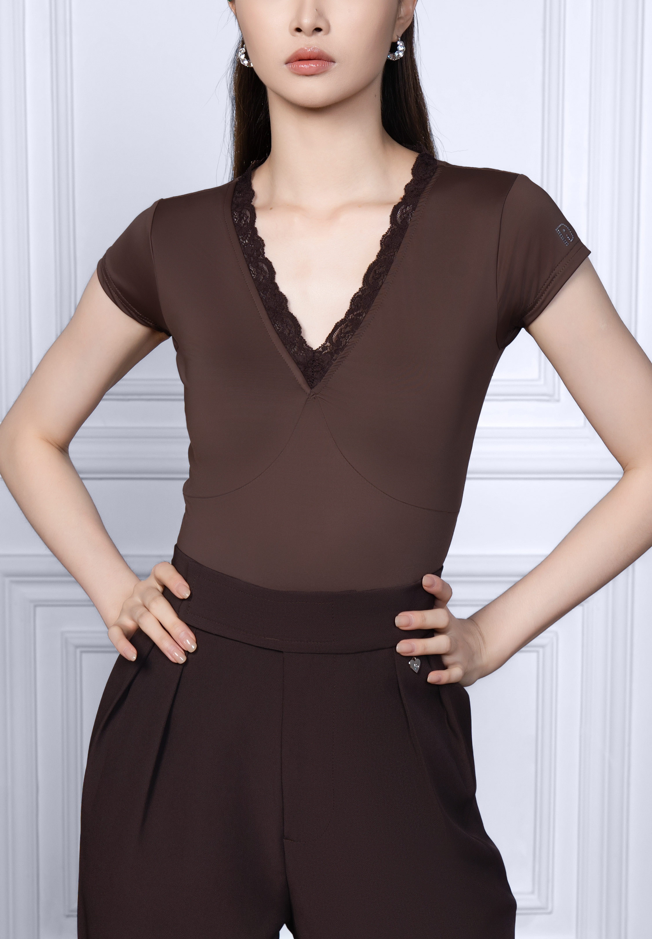 TID Scalloped Lace Bodysuit B093-Brown