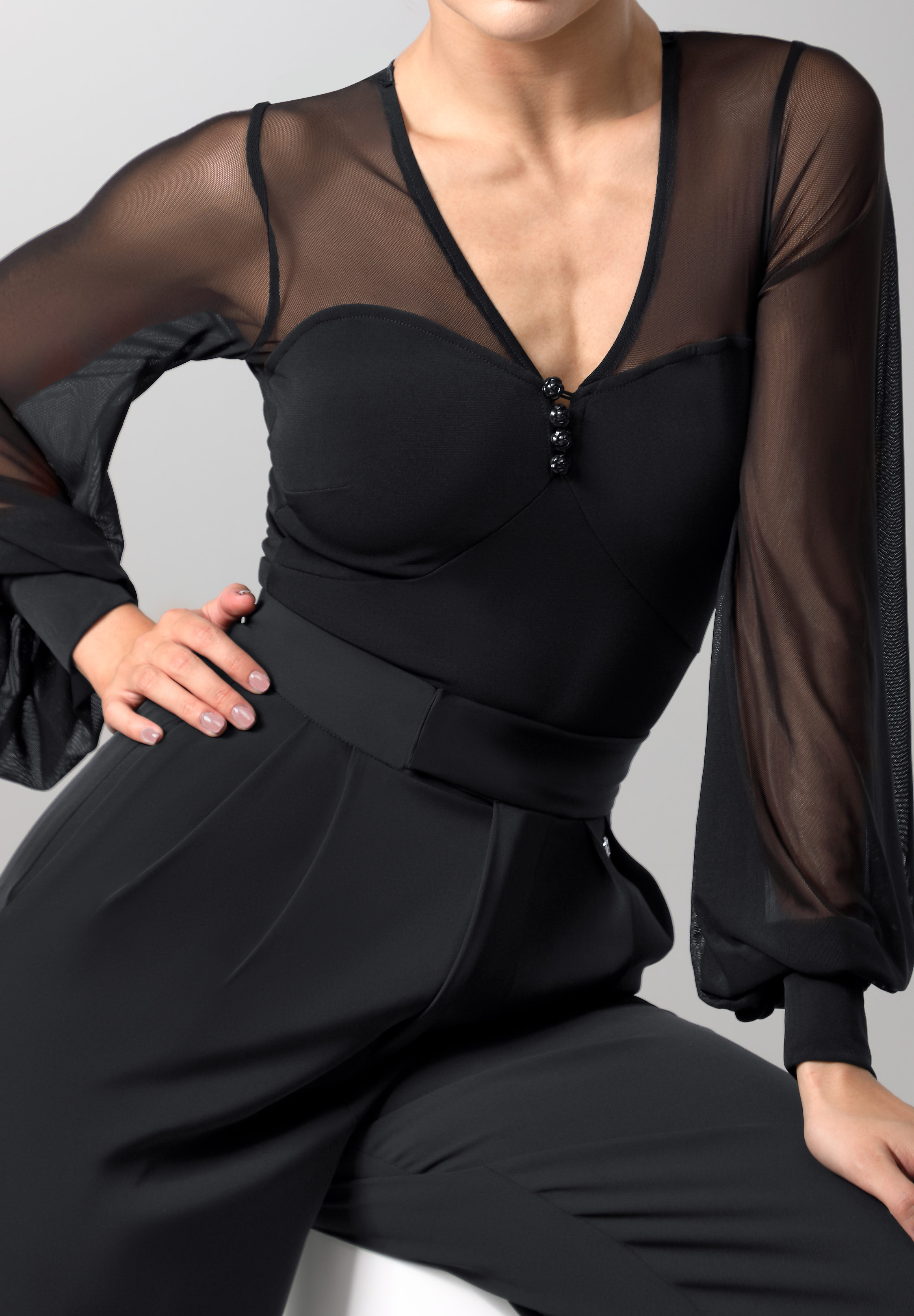 TID Rose Button Ballroom Dance Bodysuit M412-Black