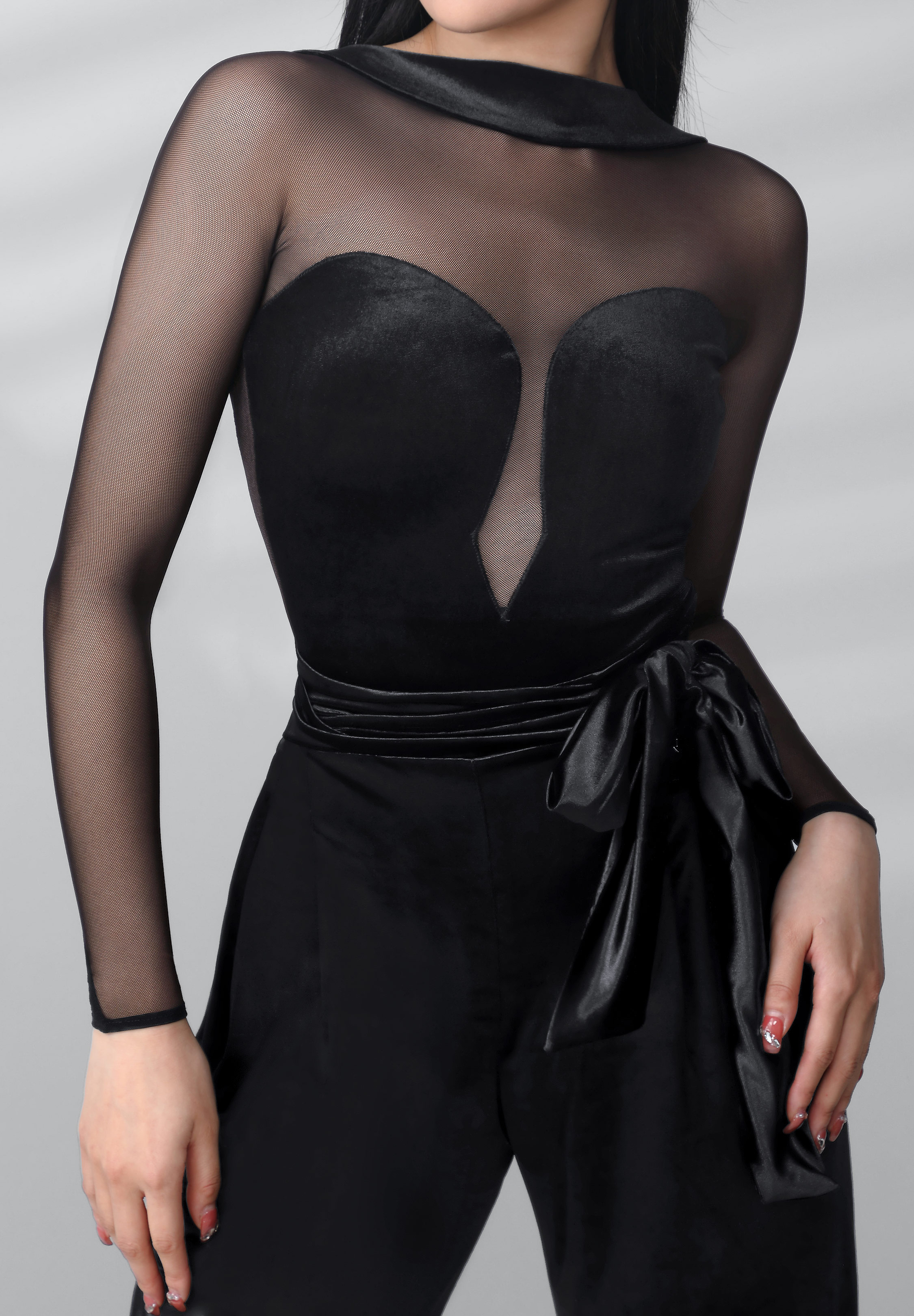 TID Plunging Neck Velvet Dance Bodysuit M373-Black