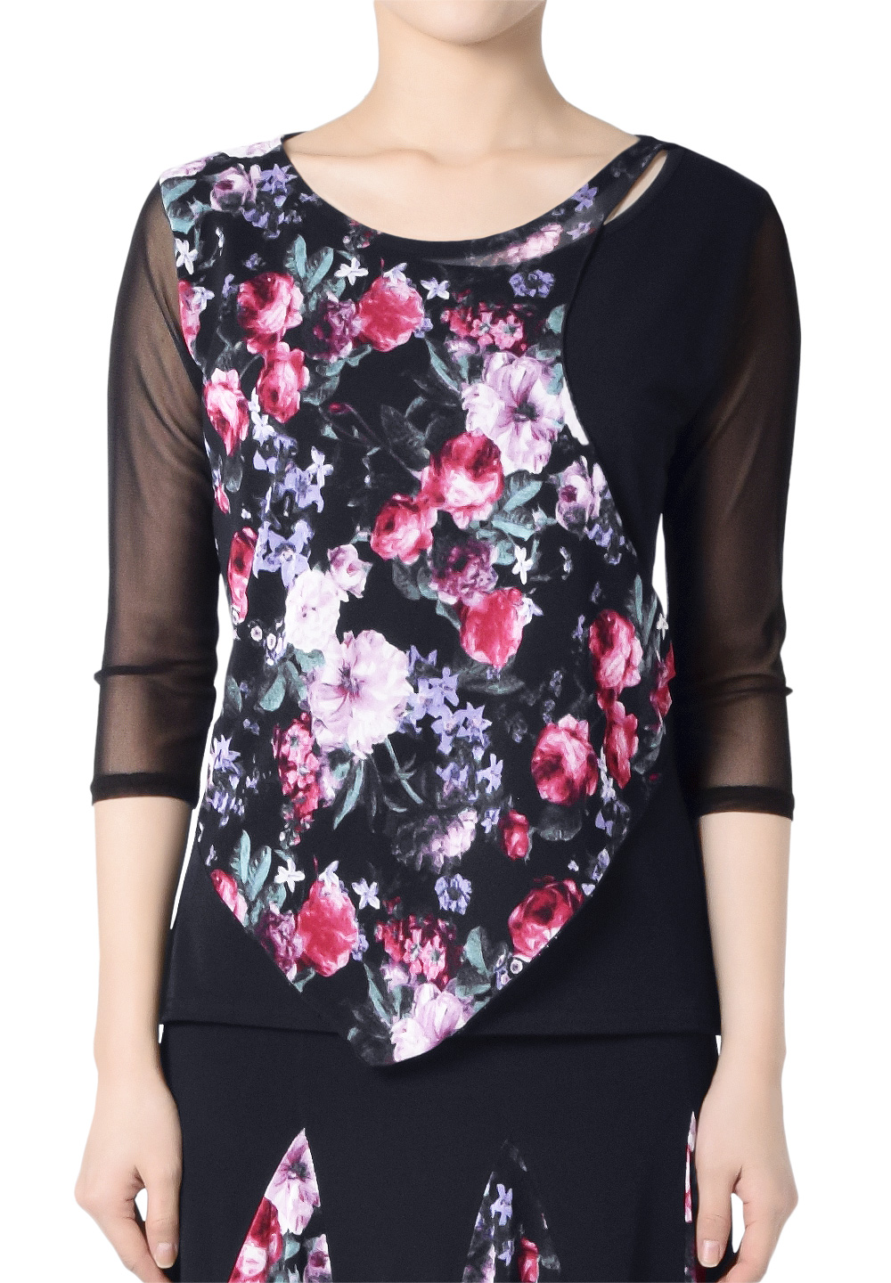 Taka Asymmetric Print Dance Top KR1812RA-BL214-Black/Flower Print