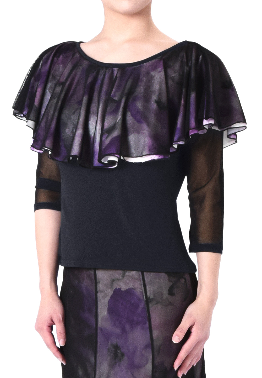 Taka Cascading Layer Dance Top KR1901RA-BL227-Black/Flower Print