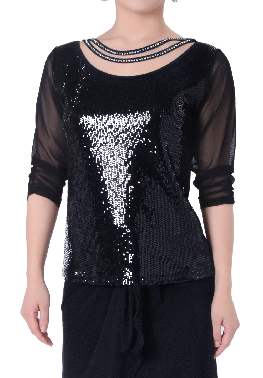 Taka Crystal Neckline Sequin Top KR1812OF-BL207-Black