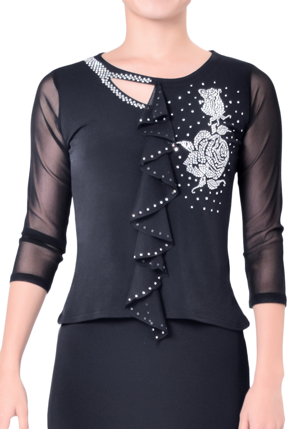 Taka Crystallized Rose Ruffle Top KR1809RA-BL177-Black