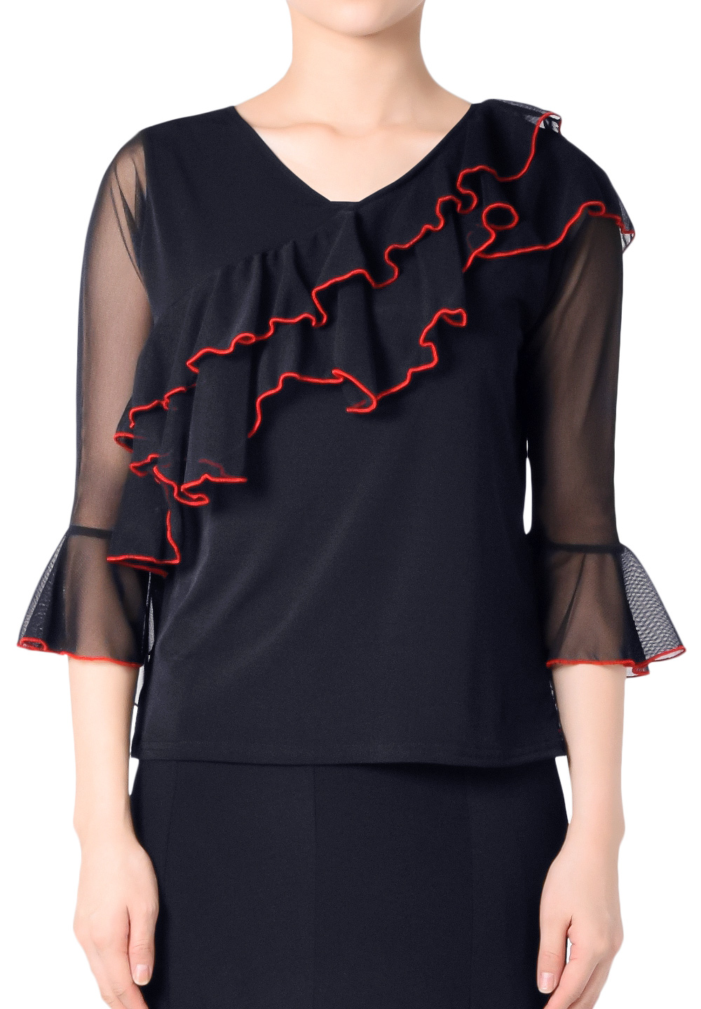 Taka Diagonal Frilled Dance Top KR1812RA-BL213-Black/Red