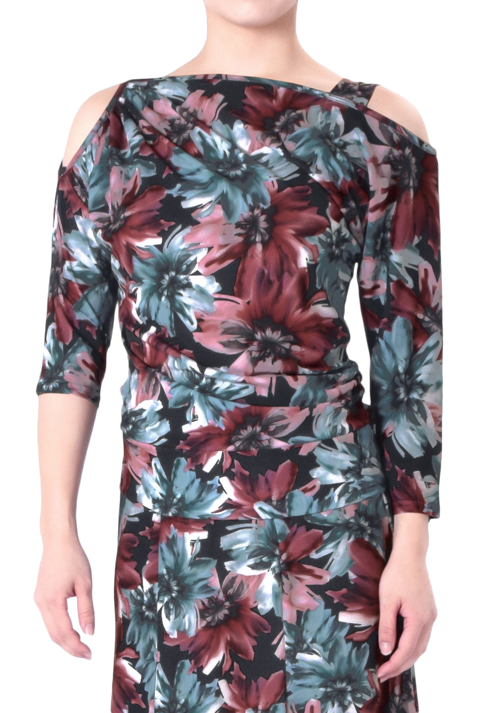 Taka Diagonal Neckline Dance Top KR1811NA-BL204-Black Flower Print