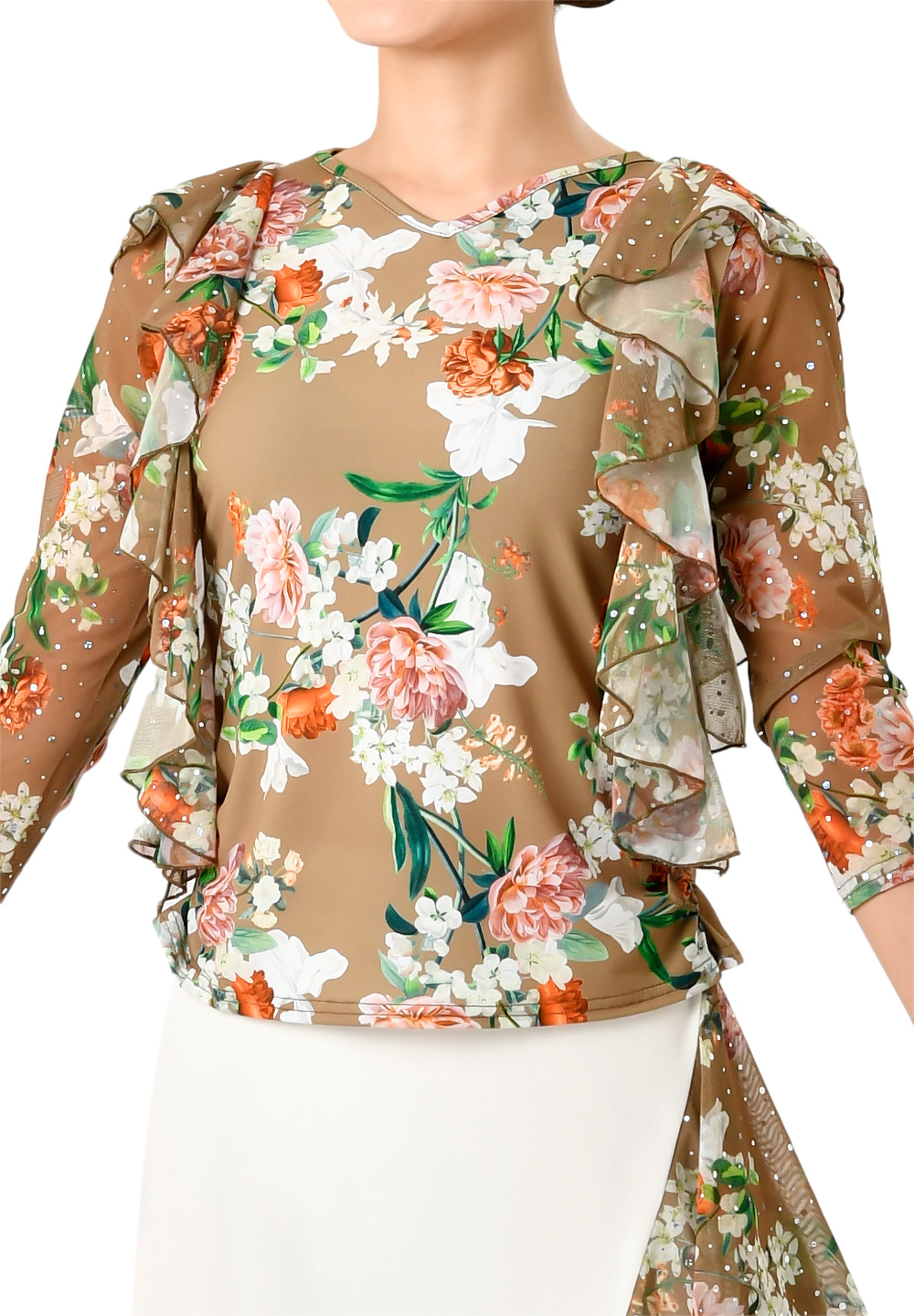 Taka Frilled Floral Print Top KR1808RA-BL169-Beige/Flower Print