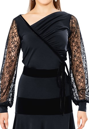 Taka Oblique Neckline Ruffled Top KRMU1908-BL06-Black Lace