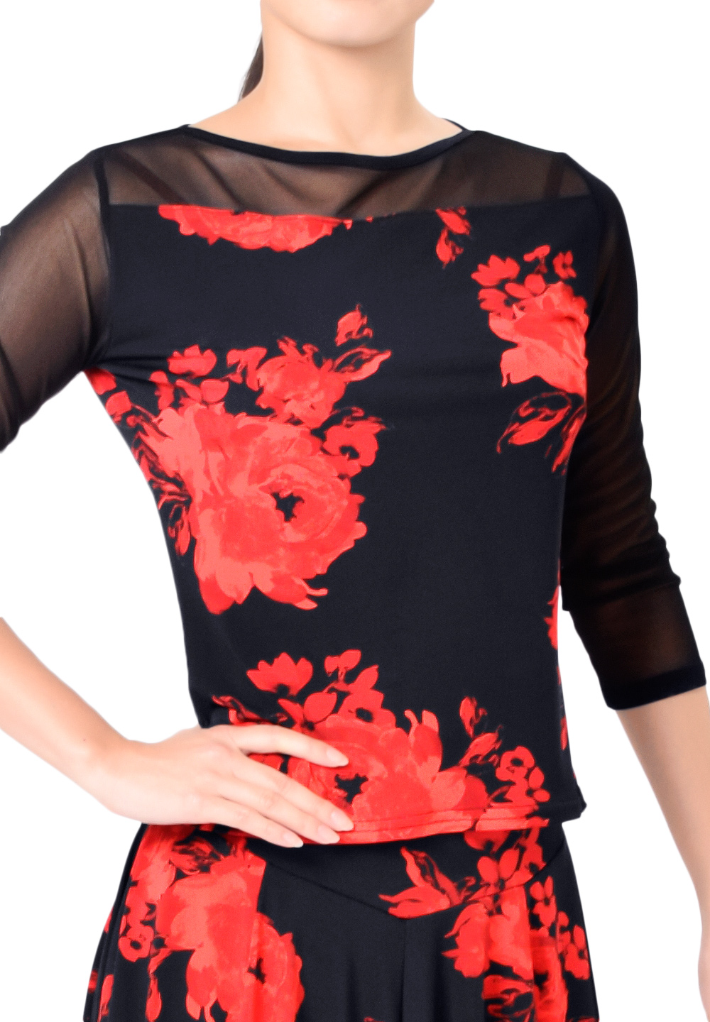 Taka Print Dance Top w/ Mesh Sleeve KR1810RA-BL181-Black/Red Flower
