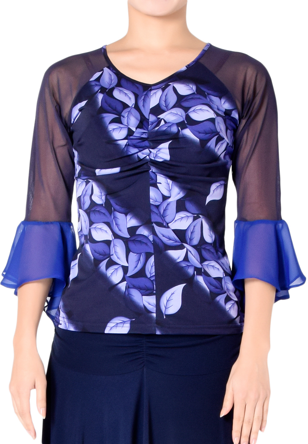 Taka Ruffled Leaf Print Top KR1811NA-BL197-Navy Leaf Print