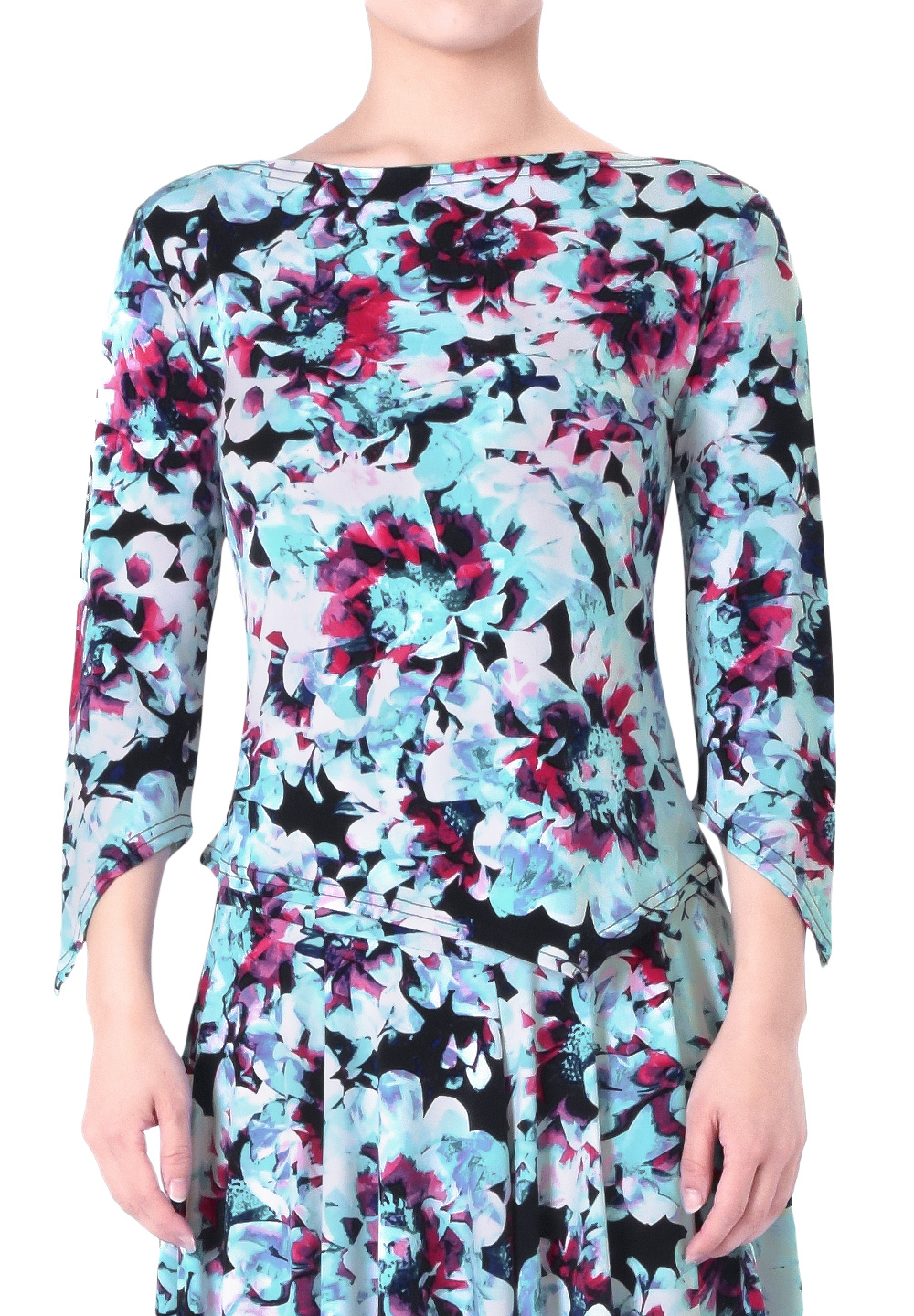Taka Slash Neck Dance Practice Top KR1901RA-BL226-Turquoise Flower Print