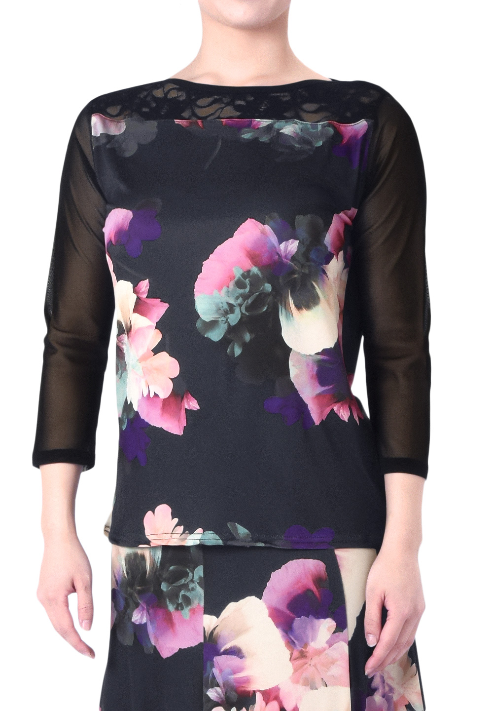 Taka Slash Neck Floral Print Top KR1901RA-BL224-Black/Purple Flower Print