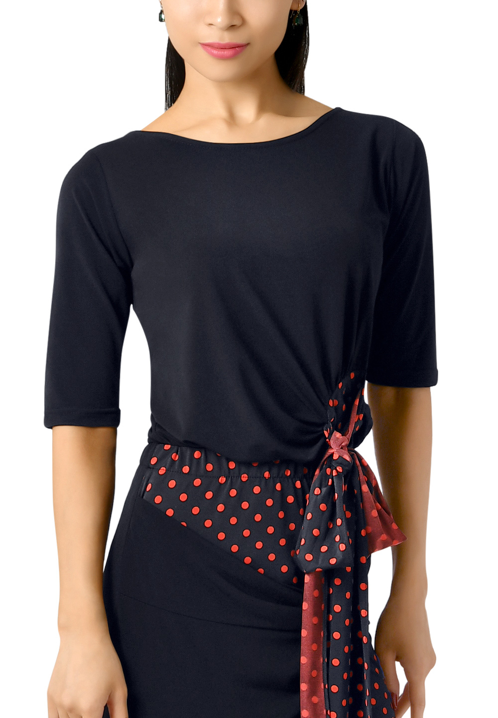 Taka Womens Knot Accent Dance Top KR1706-BL58-Black/Red Dot