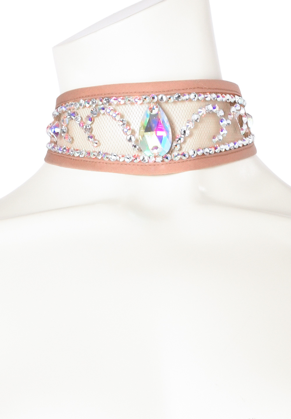Taka Crystal Studded Teardrop Mesh Choker CH-010-Nude / Crystal AB