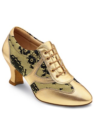 2HB Women Practice Dance Shoes Aurelia-Gold Leather / Gold Satin / Black Lace