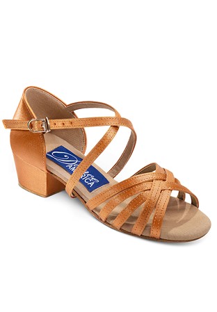 Dance America Alexandria Girls Latin Shoes-Dark Tan Satin
