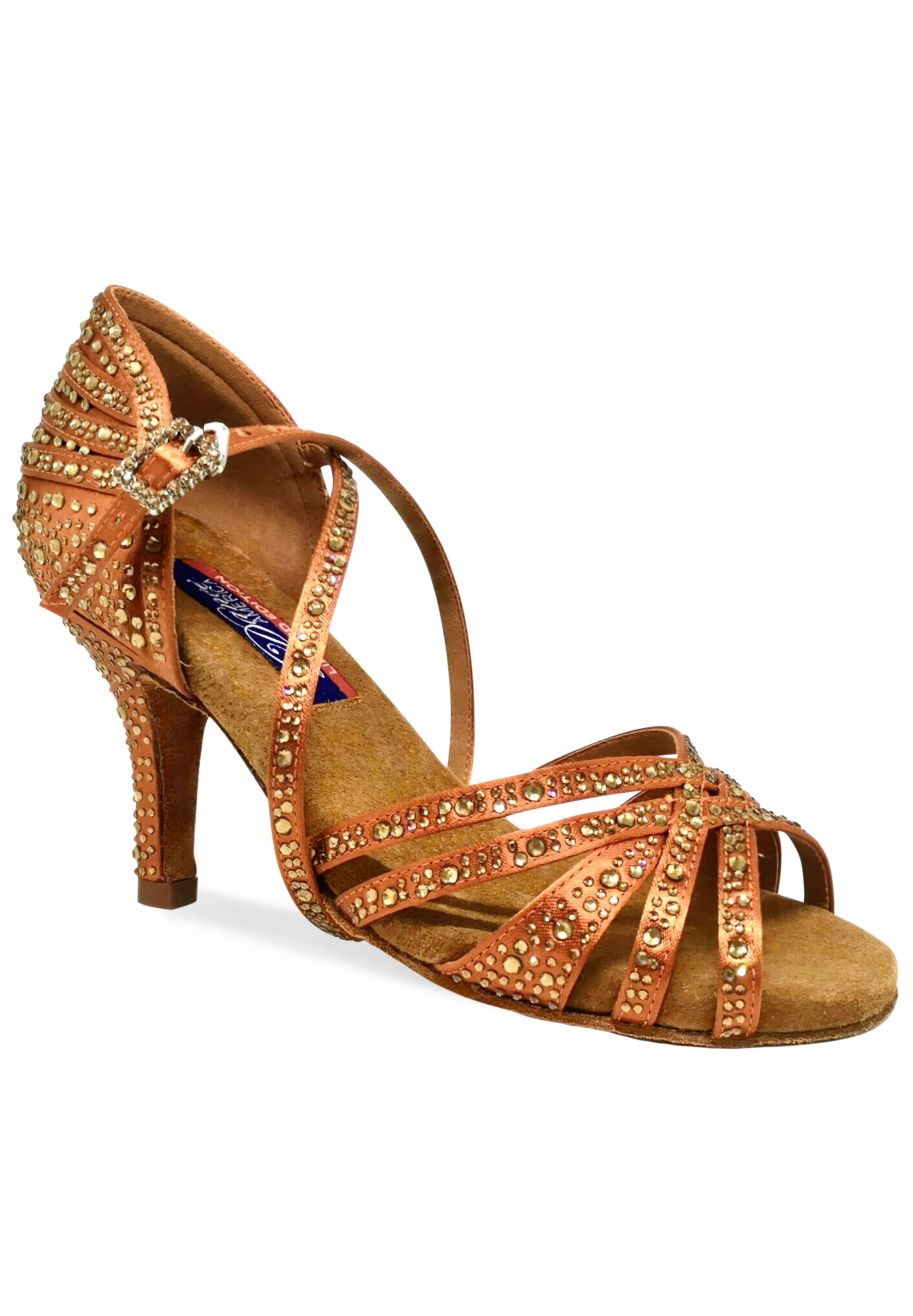 Dance America Vegas Rhinestone Latin Shoes-Dark Tan Satin