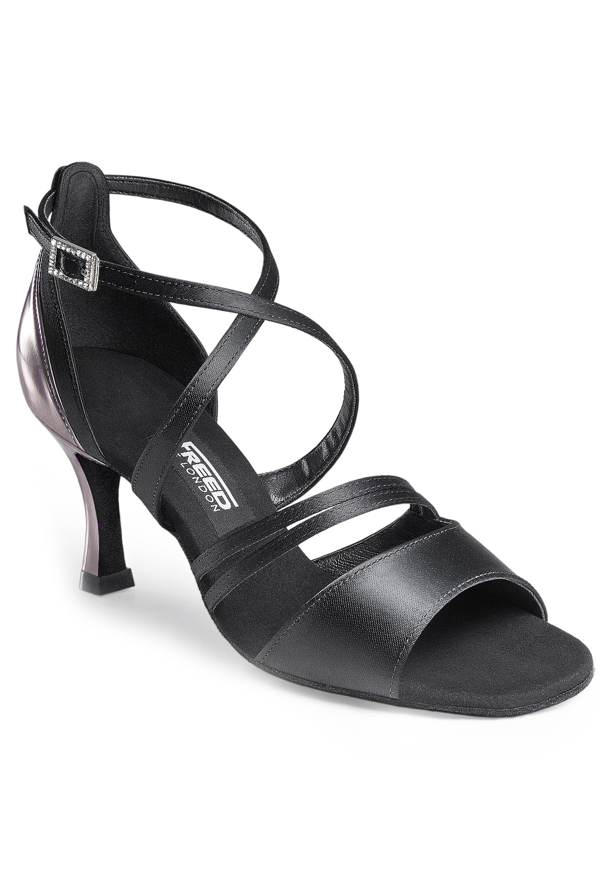 Freed of London Aleisha Latin Shoes-Black Satin/Pewter PU