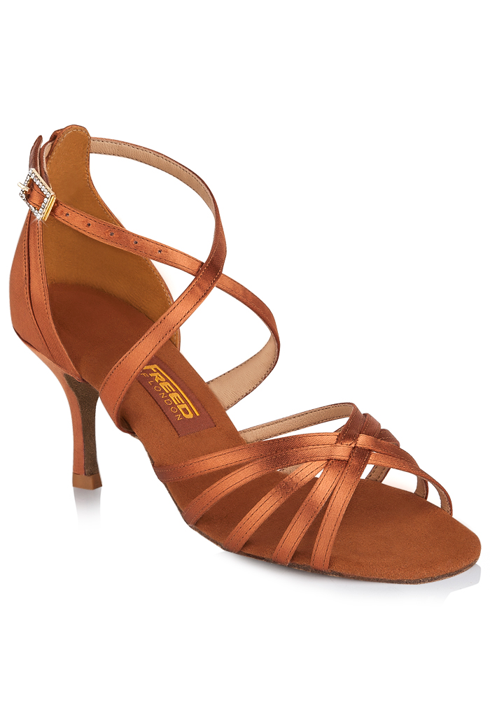Freed of London Lorraine Latin Shoes-Dark Tan Satin