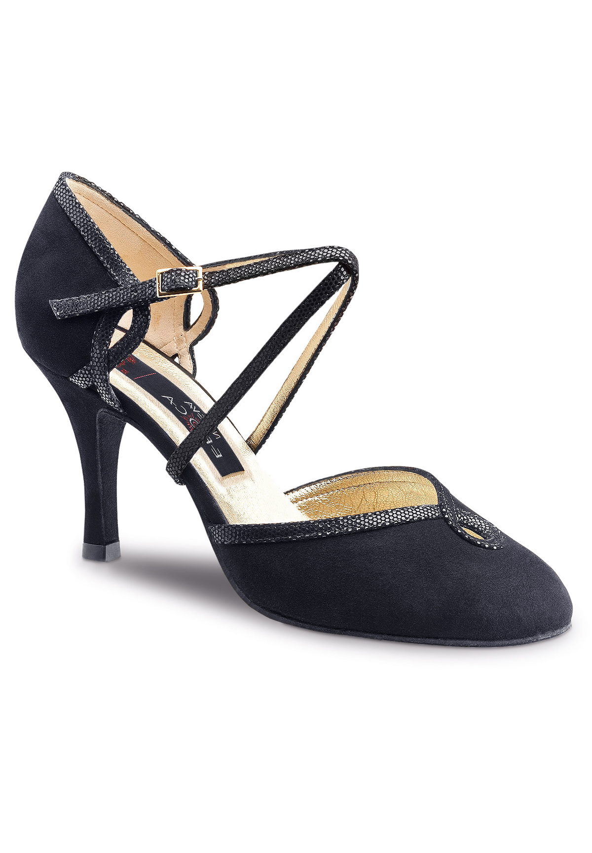 Nueva Epoca Juana Social Dance Shoes-Black Suede / Black Ariel