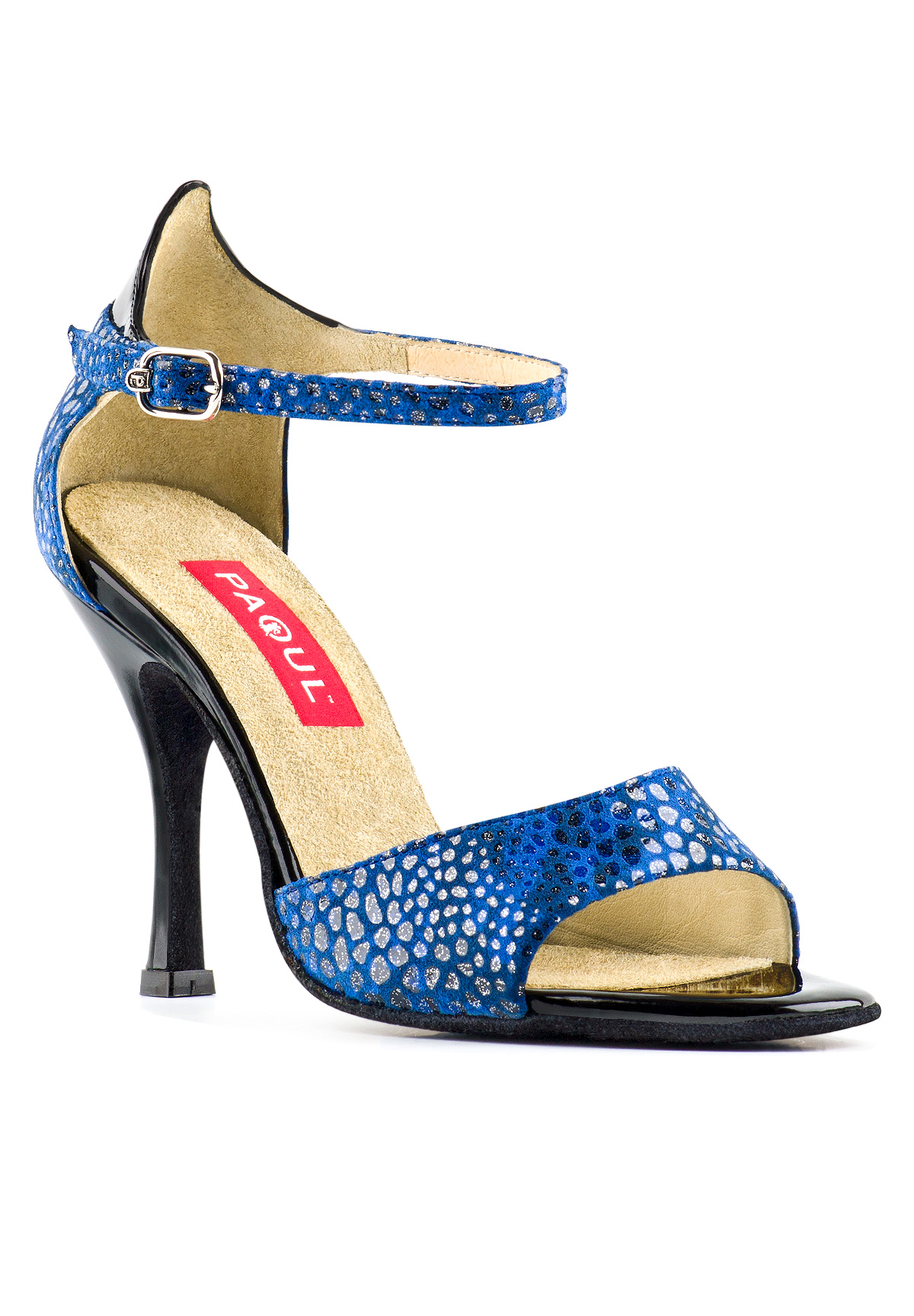 Paoul 186 Dance Sandal-Blue Printed Glitter Suede/Black Patent