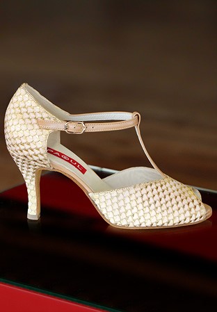 Paoul 615 Open Toe Dance Shoes-Powder Heart Printed Nappa / Pearled Bronze Nappa