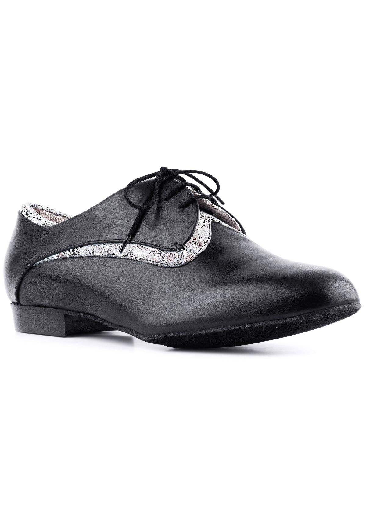 Paoul 6526 Dance Shoes-Black Leather/Grey Flowers Printed Suede