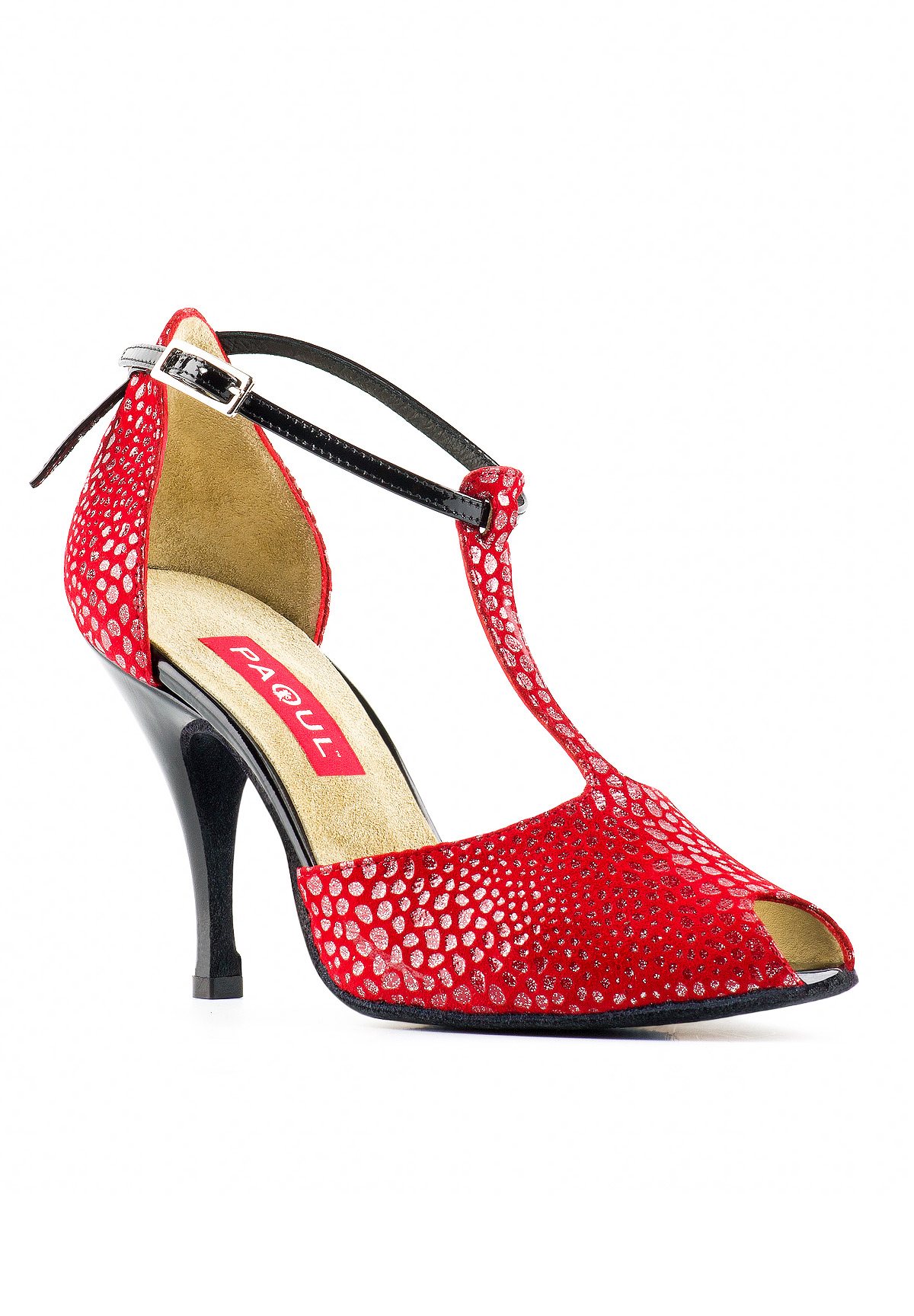 Paoul 671 T-Bar Charleston Shoes-Red Glitter Suede/Black Patent