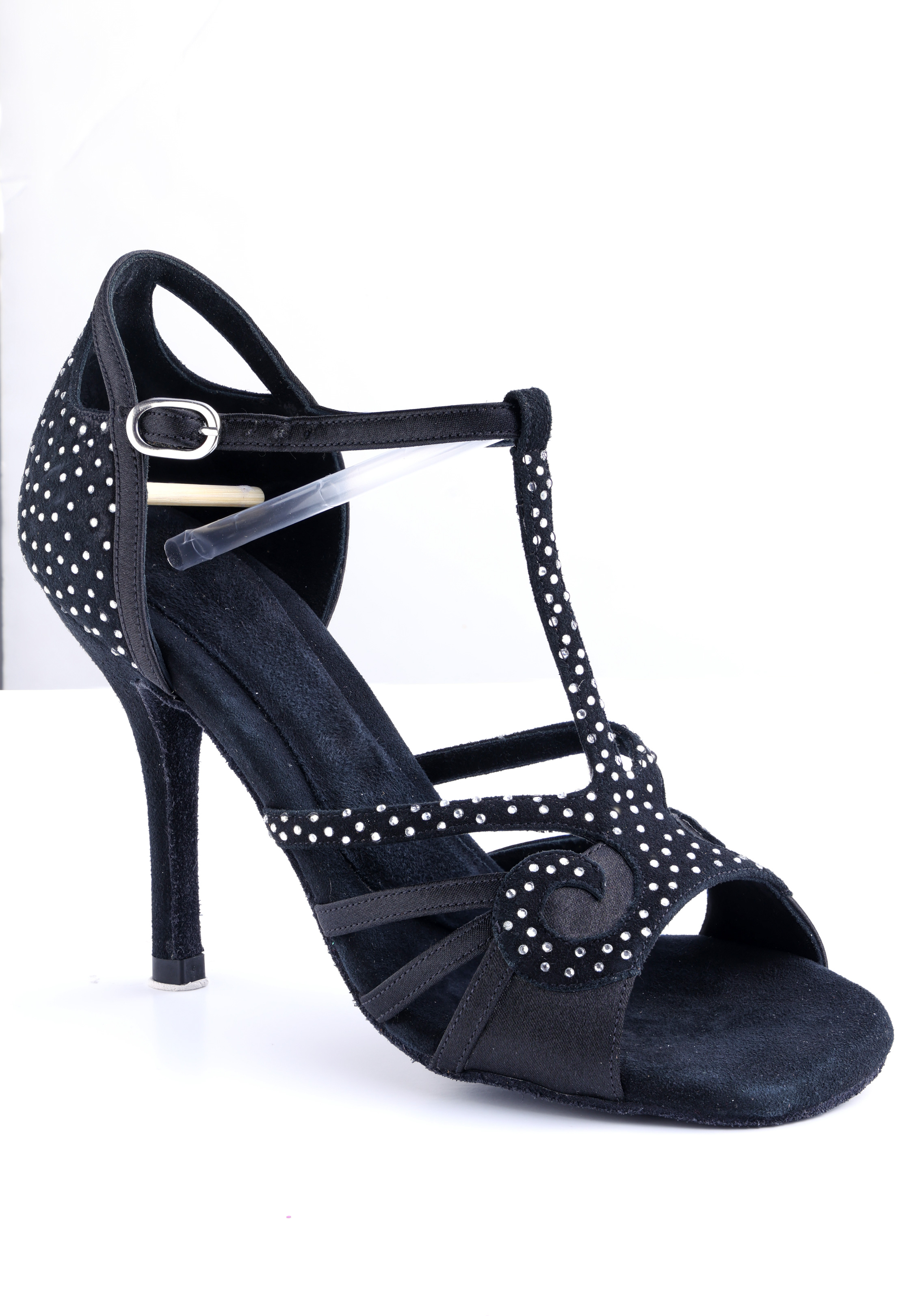 Patty Latin Shoes w/ Full Swaroski-Black Satin/Black Suede