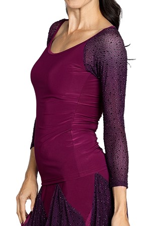 Dance America T2432 - T-Shirt Top w/ Rhinestone Sleeves-Wine