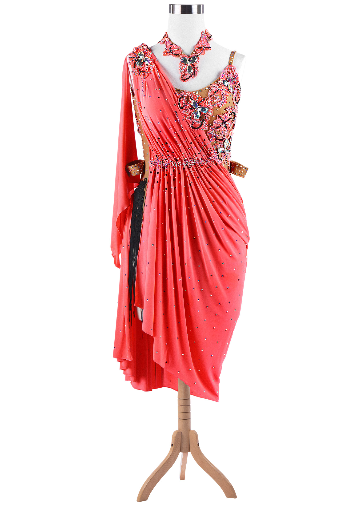 Asymmetric Ruched Floral Applique Latin Competition Dress VN-L5249