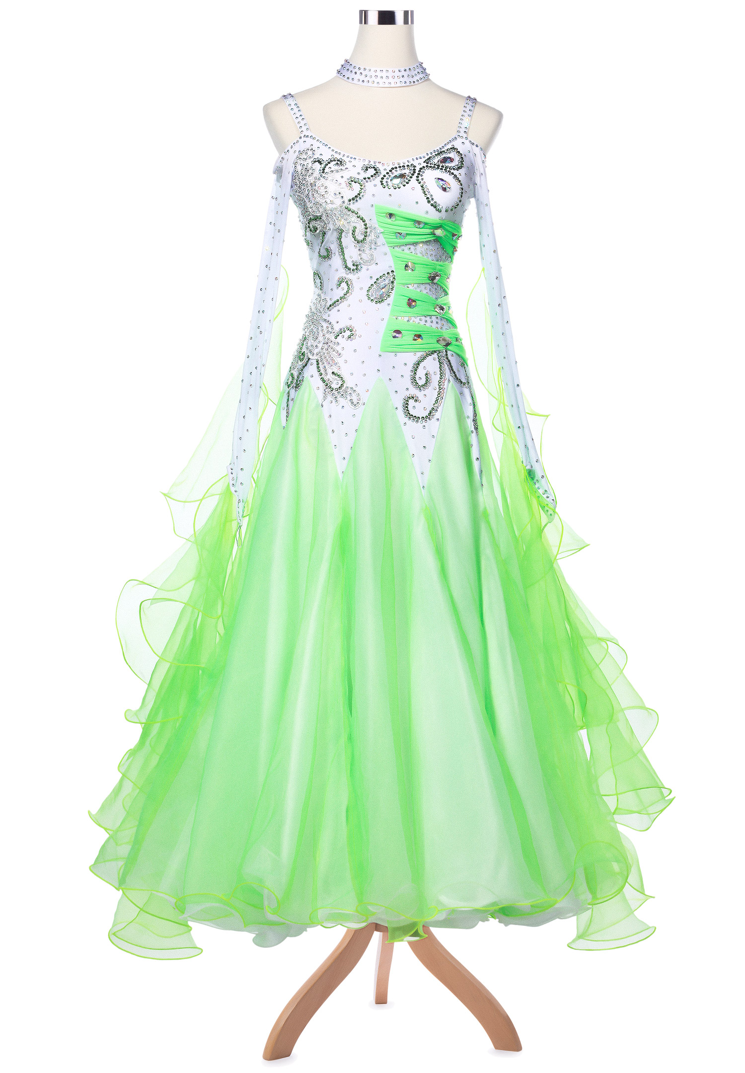 Crystal Swirls Bow-Like Accents Colorblock Ballroom Competition Dress VN-A5154