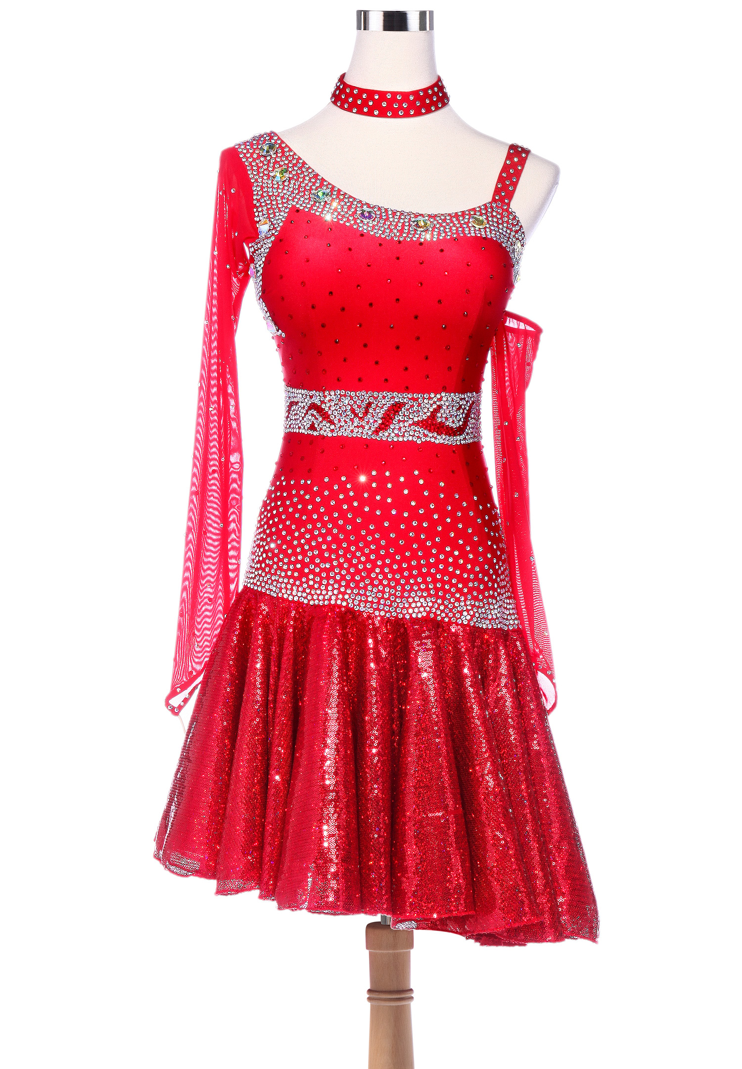 Fiery Sparkle Sequined Hem Asymmetrical Latin Dance Dress VN-L5228