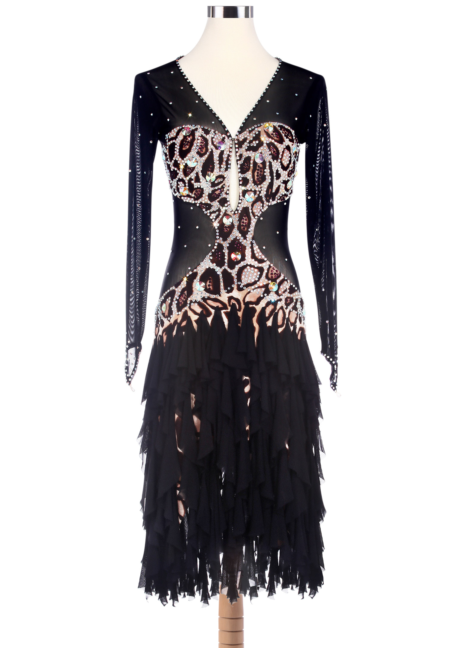 Leopard Split Frill Sheer Back Latin Dance Competition Dress VN-L5221