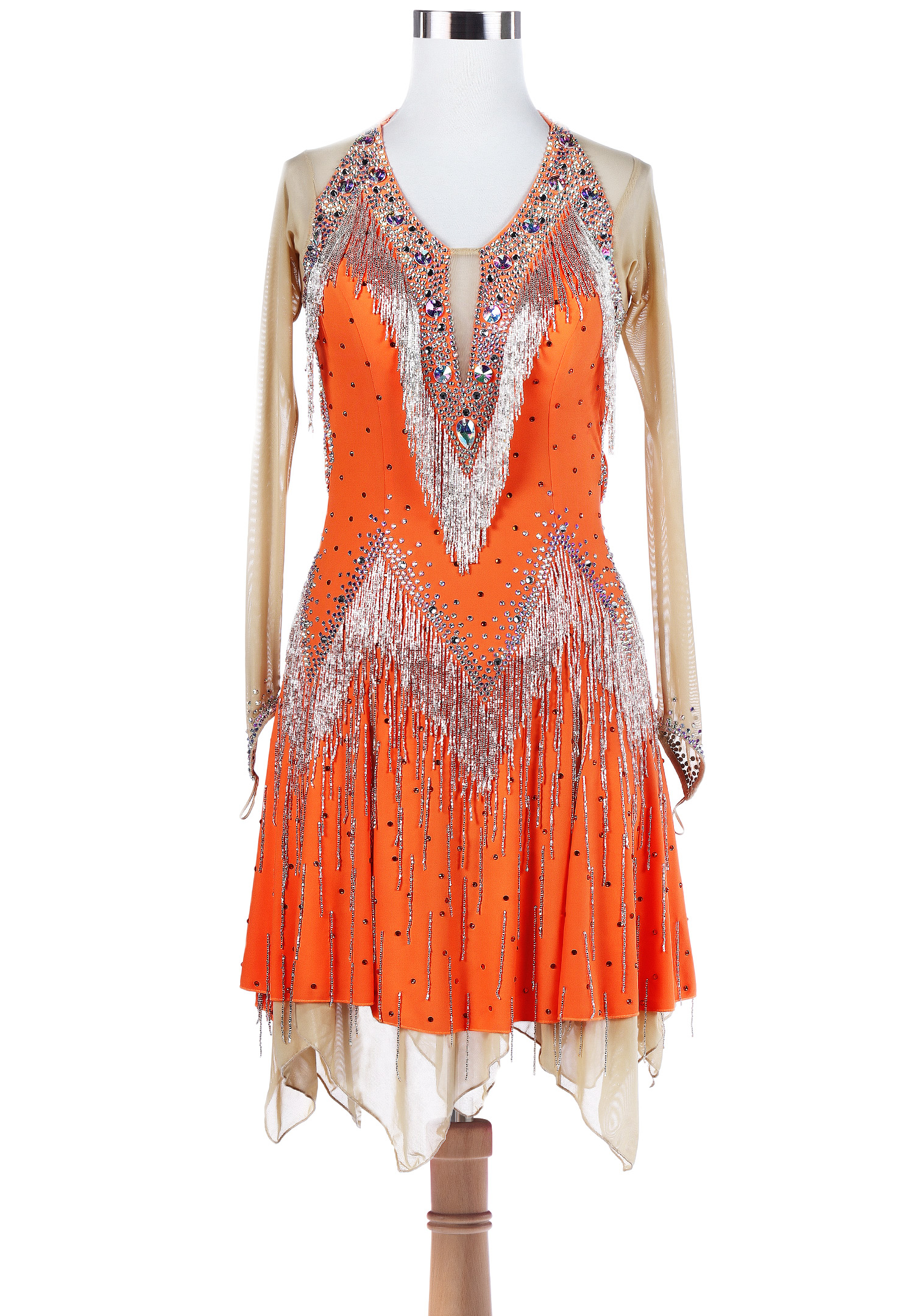 Wavy Beaded Fringe Handkerchief Hem Latin Competition Dress VN-L5260