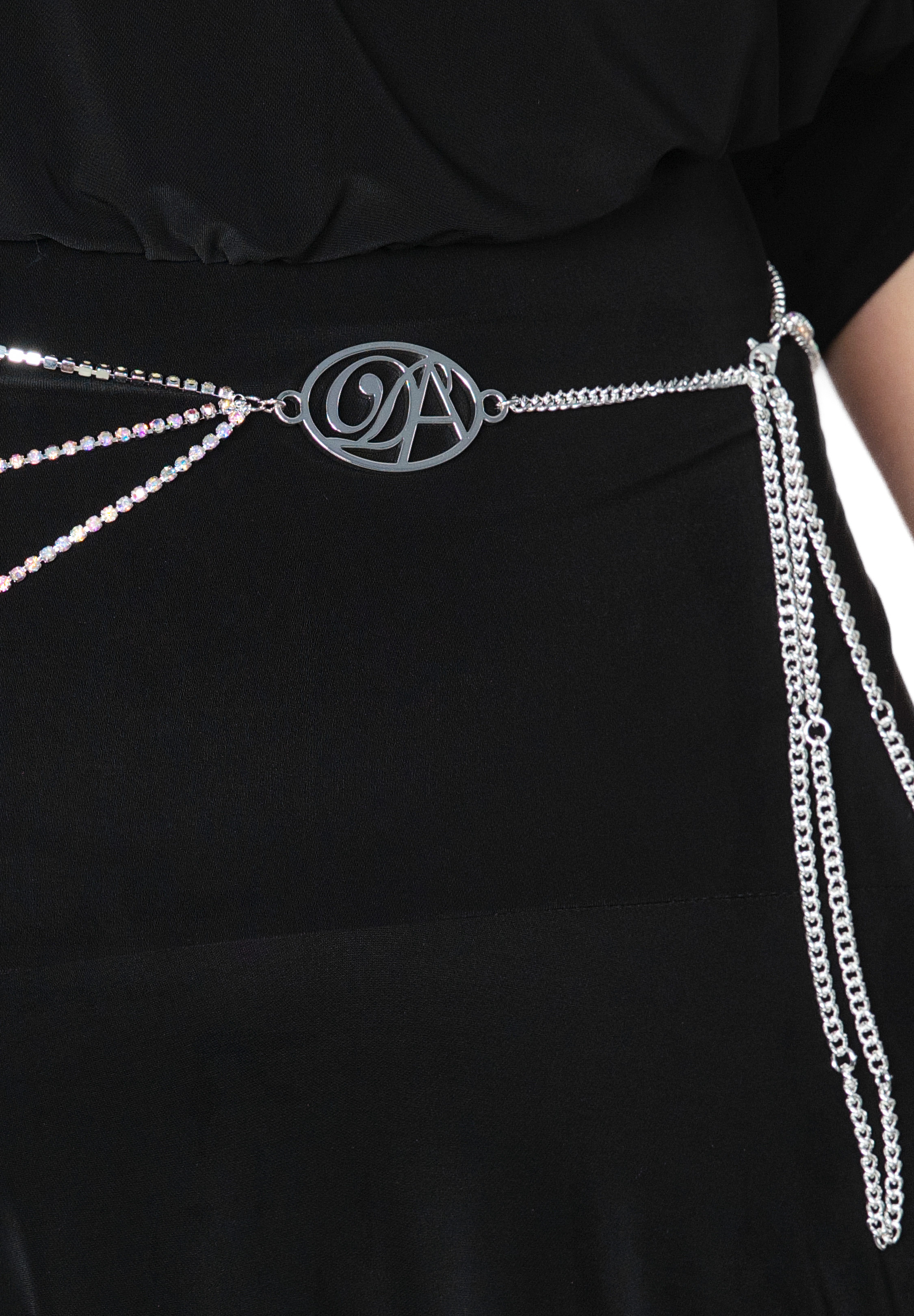 Dance America B012 - Signature Chain or Rhinestone Belt-One Size-Silver w/ 3 AB Rhinestone Chains