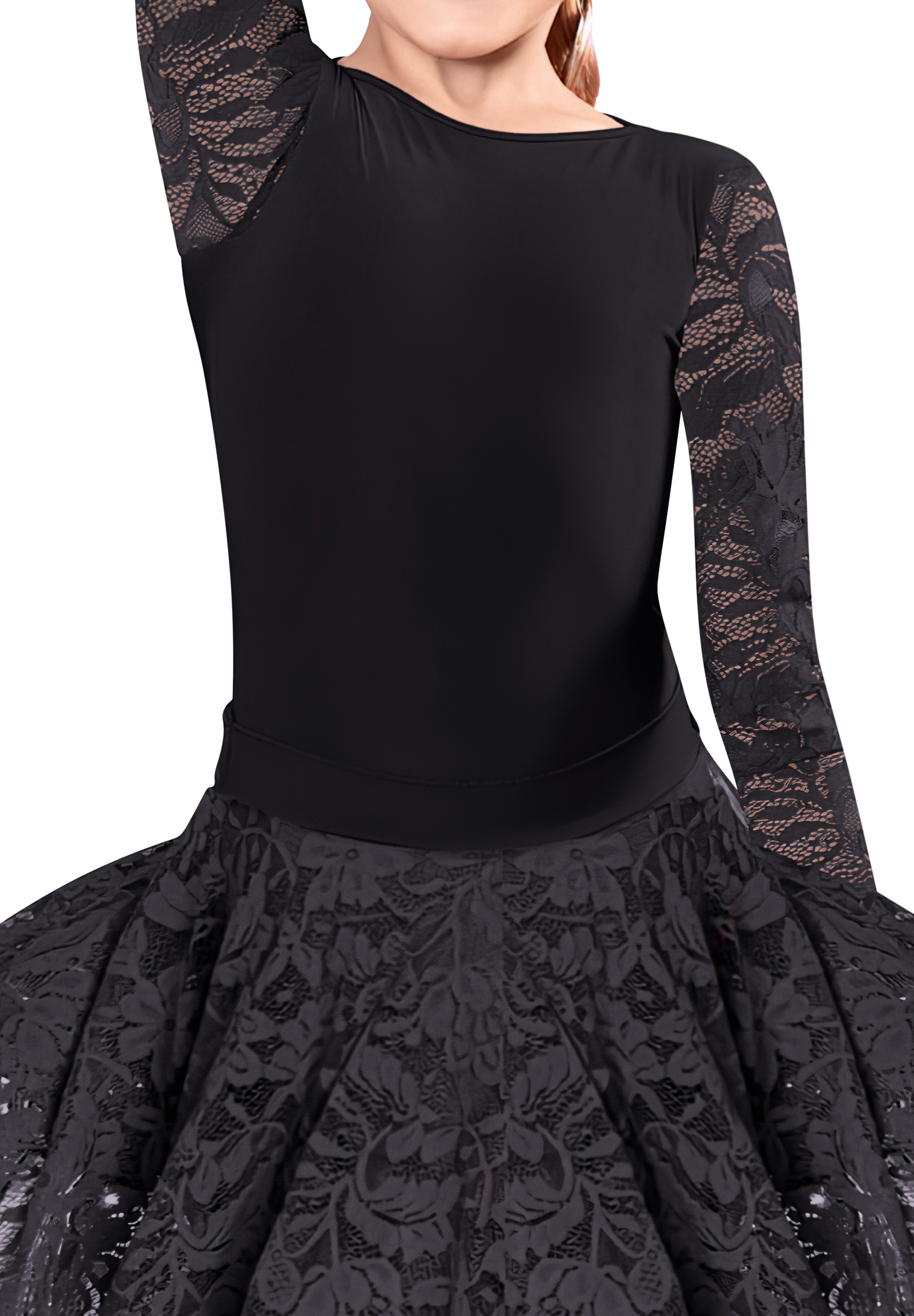 Dance America JR-B2 L - Girls Dance Bodysuit With Lace Sleeves-Black