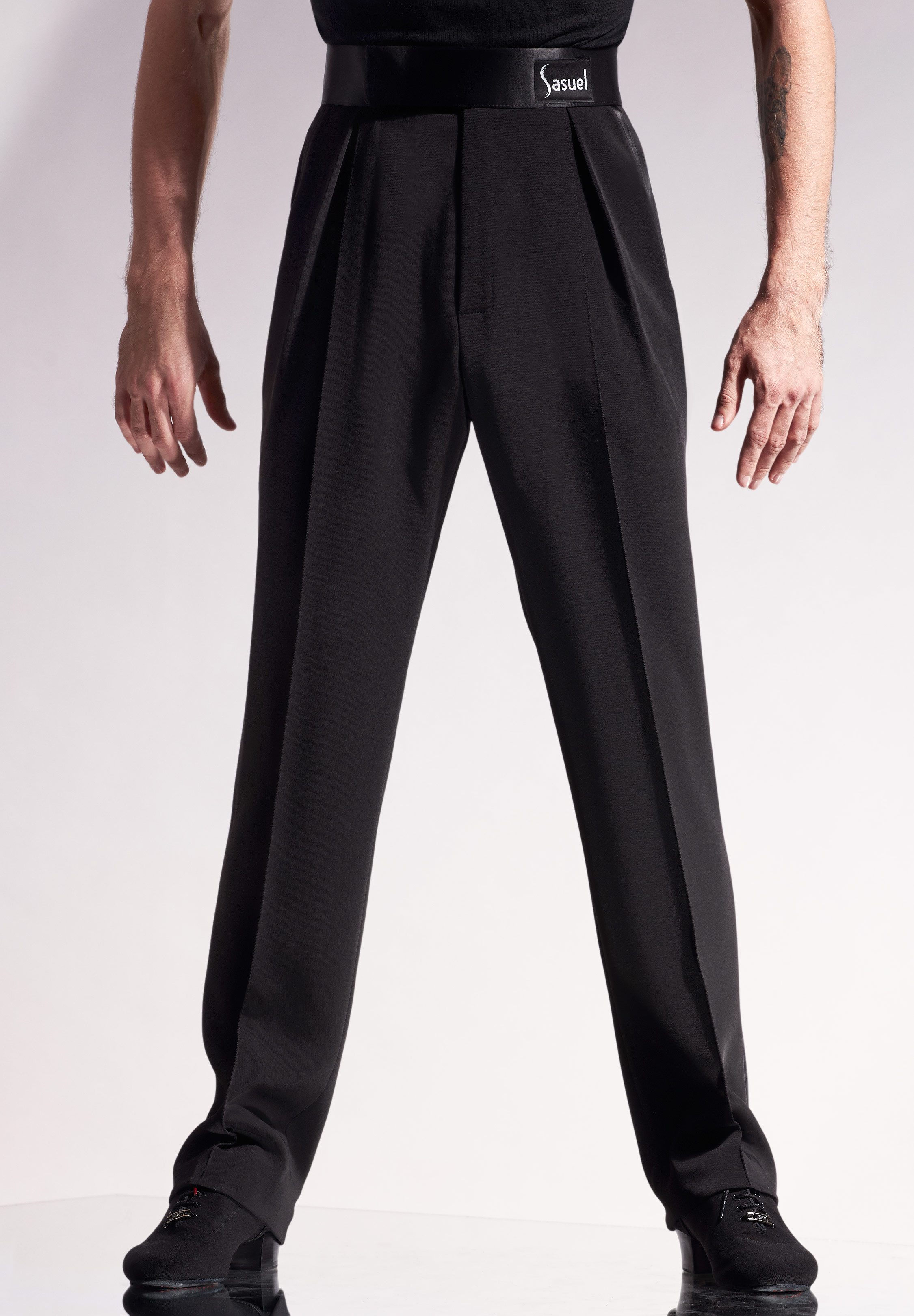 Sasuel Mens Latin Trousers w/ Satin Binding & Pockets-Black Gabardine
