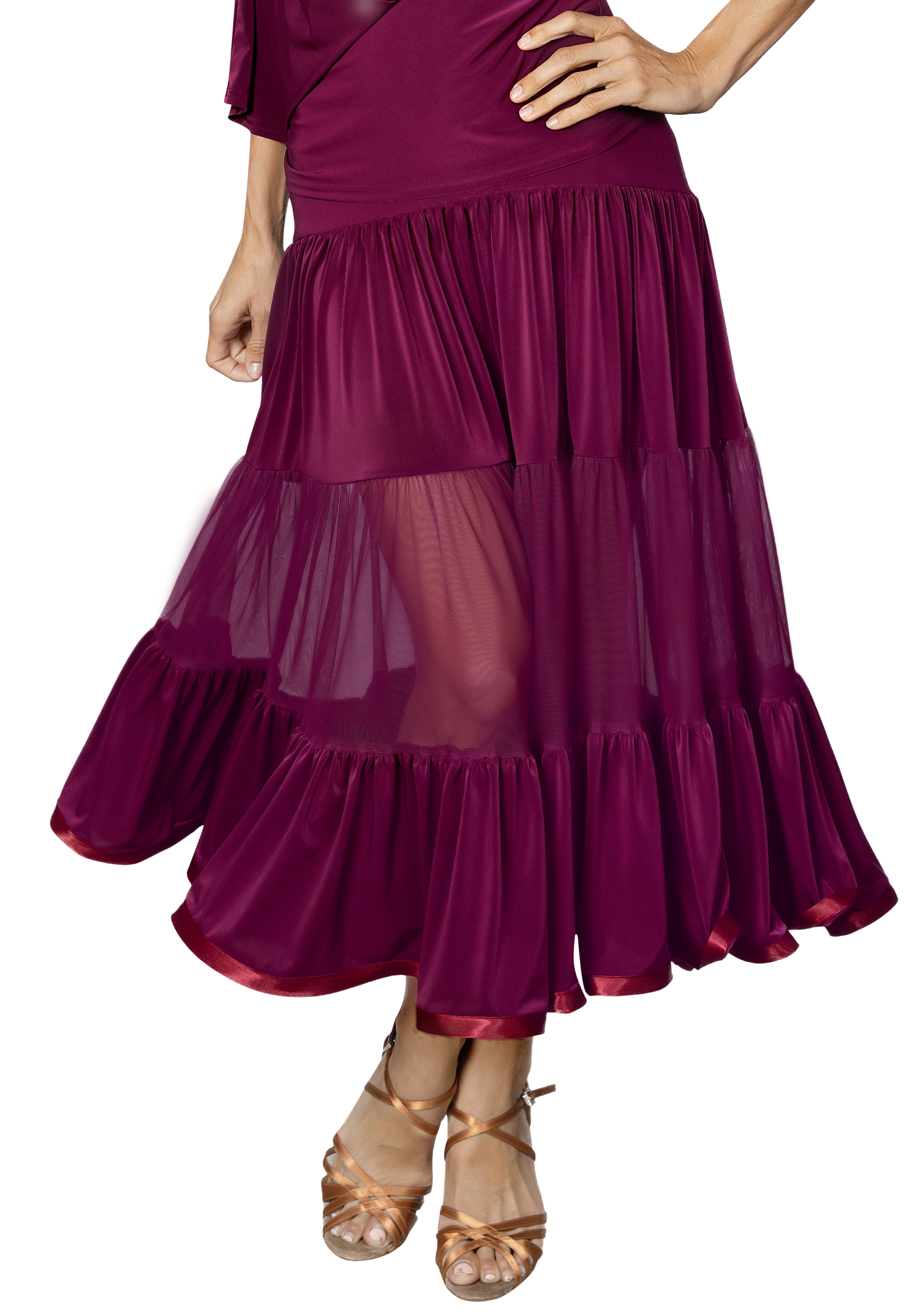 Dance America S2412 - Long 3 Tiered Ruffle Skirt-Wine