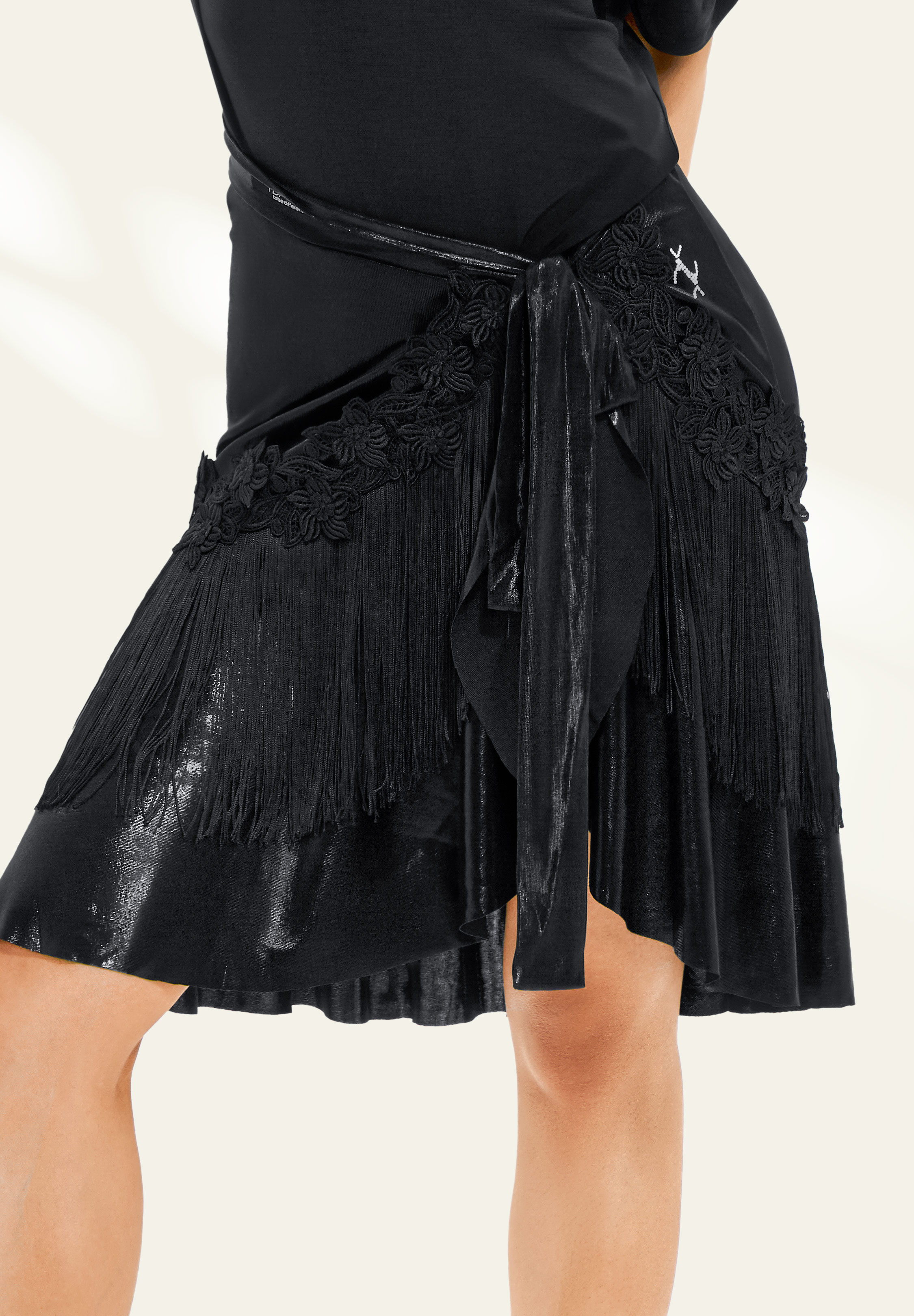 TDANCE Floral Tie Fringe Skirt TD-0018-Black Patent Leather