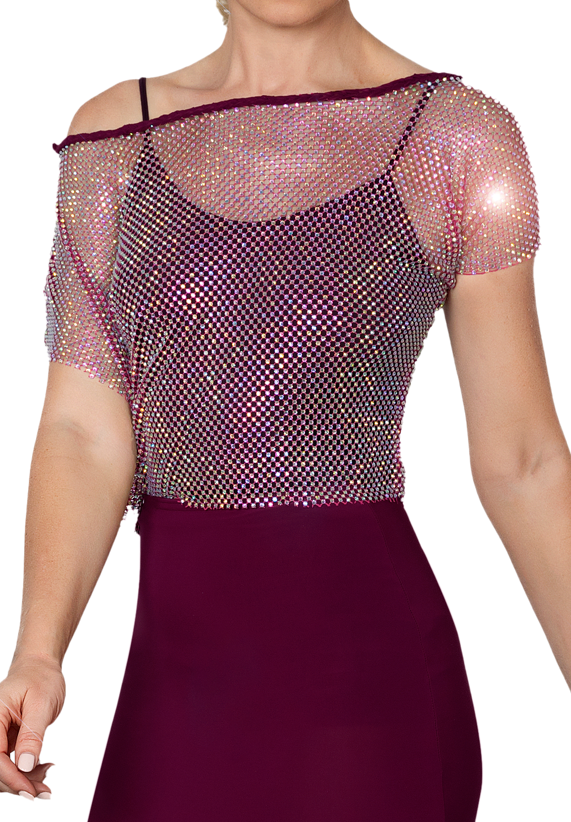 Dance America T2431 - Rhinestone Crop Top w/ Camisole-Wine