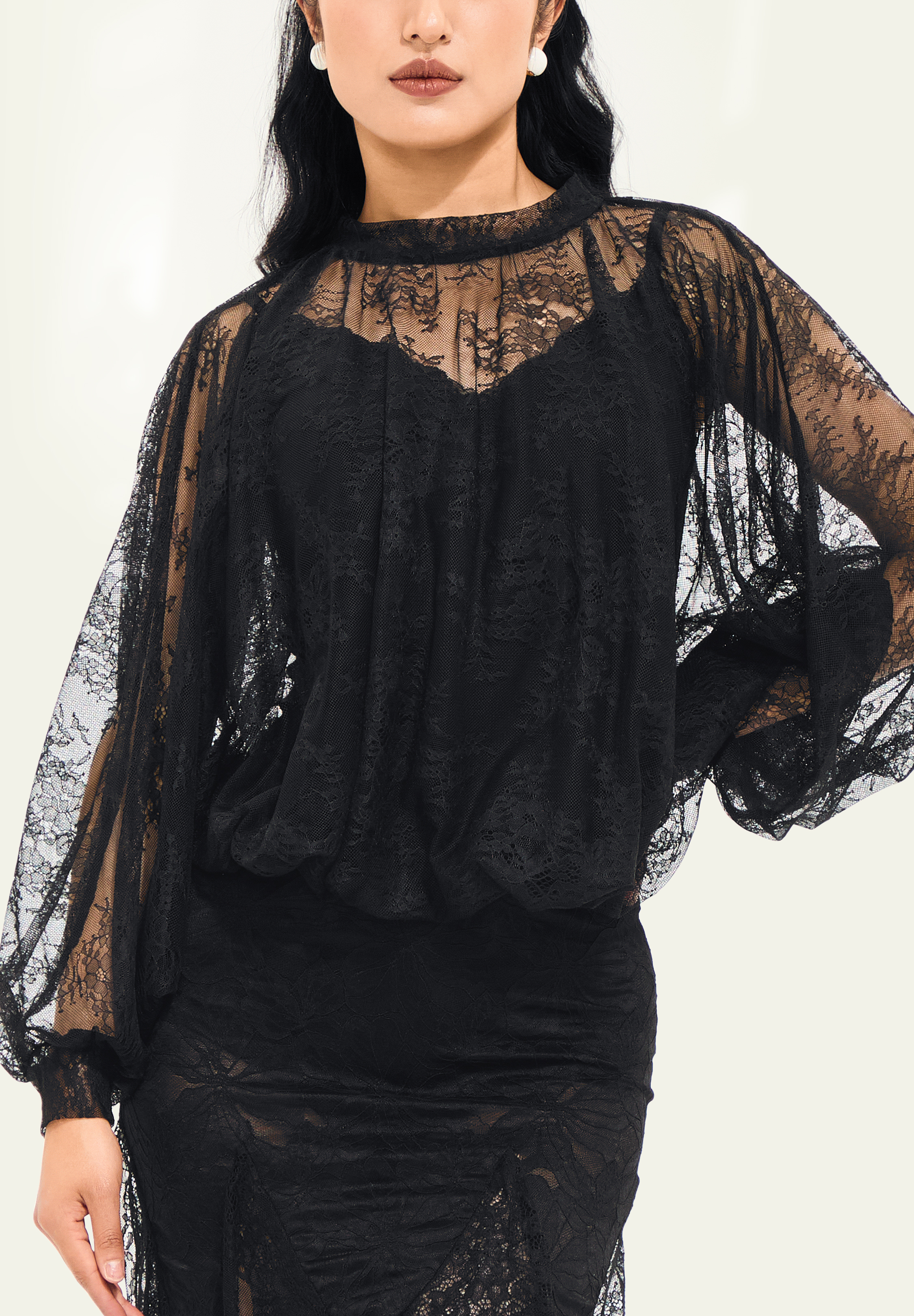 TDANCE Semi-Sheer Lace Batwing Top JM-0105-Black Lace